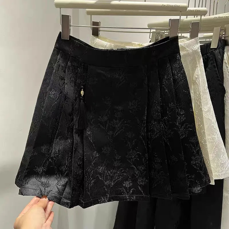 Beige Floral Embroidered Women's Pleated Skirt - 2024 New Chinese Style High Waist A-Line Retro Mini Skirt for Spring & Summer | Perfect for Casual Outings, Date Nights & Boho Fashion