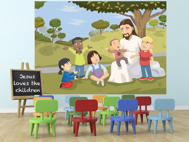 Jesus Loves The Children Wall Art - Christian Home Decor & Sunday School Mural - Perfect for Church, Nursery & Kids' Room Decorations
