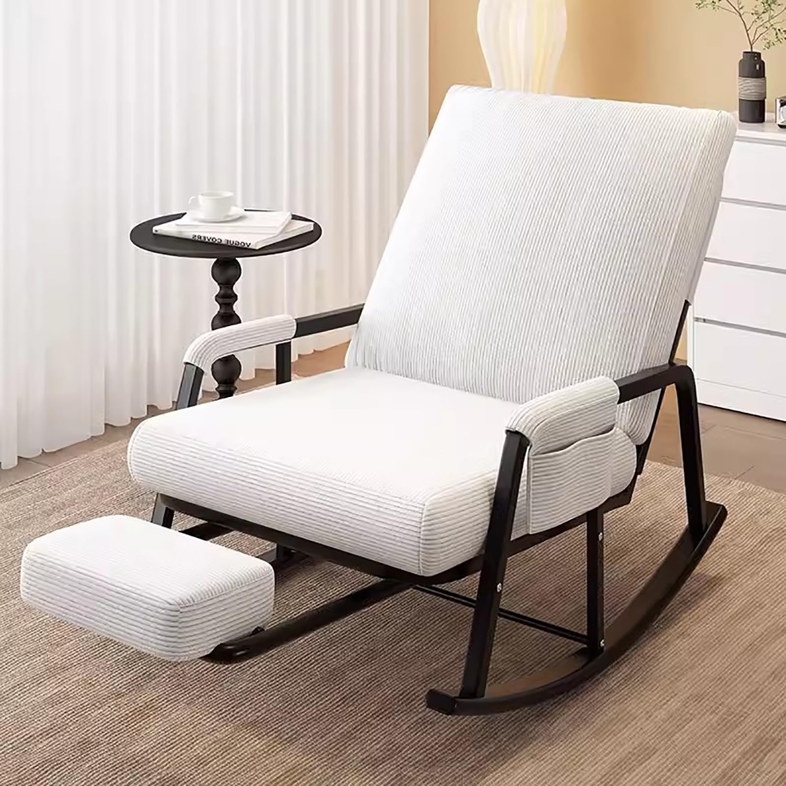 Comfortable Corduroy Glider Rocking Chair with Telescopic Footrest - Nursery, Living Room, Balcony & Terrace Rocker (Off-White, Size B) - Perfect for Nursing, Relaxing & Home Decor