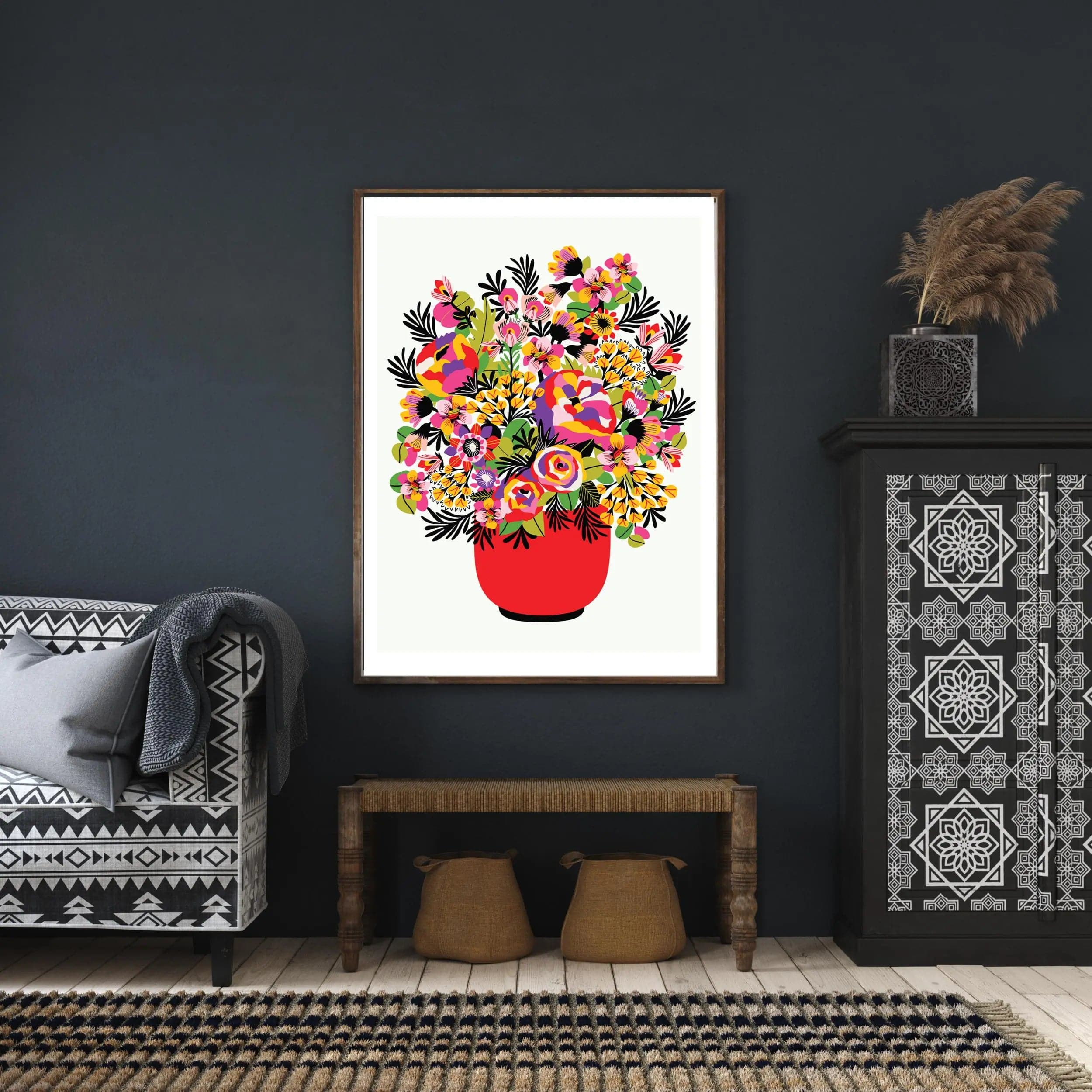 Modern Wall Art Print of Roses and Lilies in Vase - Elegant Floral Home Decor for Living Room, Bedroom & Office