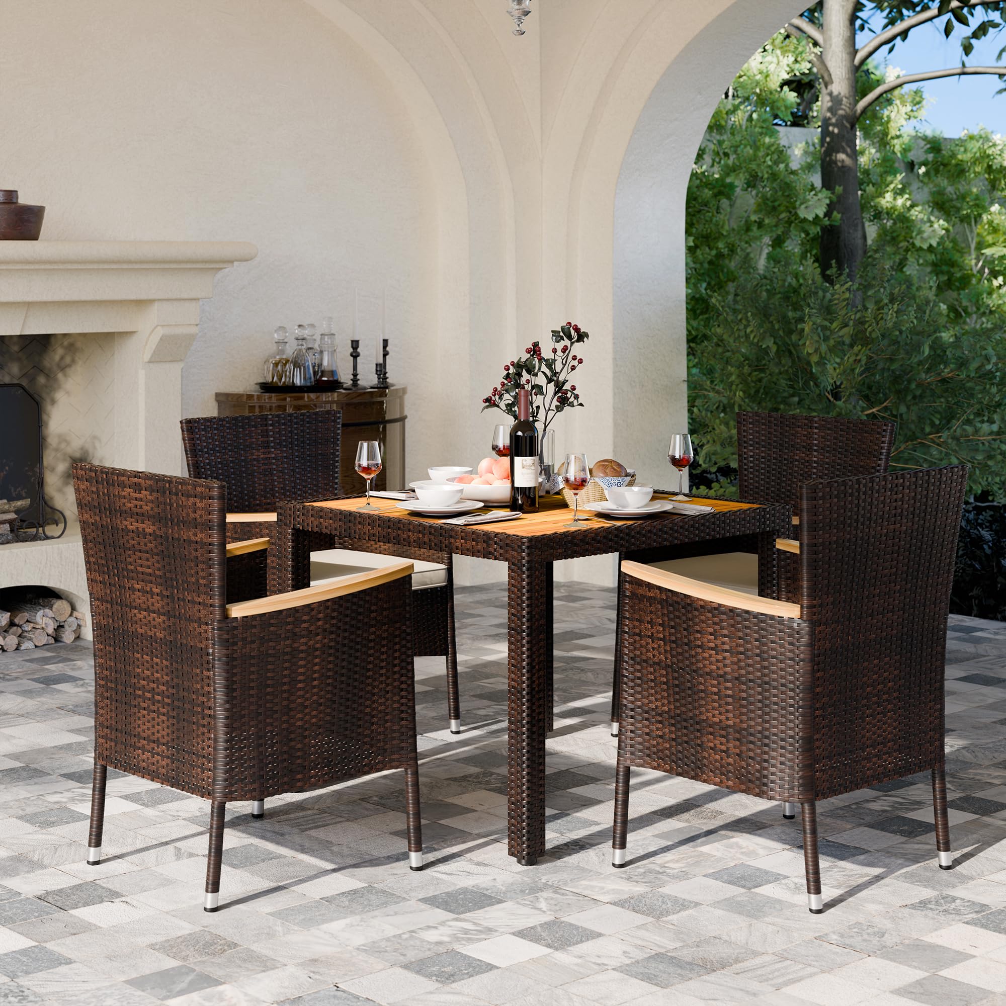 JAMFLY 5-Piece Outdoor Patio Dining Set - Rattan Wicker Furniture with Wood Table & 4 Cushioned Chairs for Garden, Backyard, Porch, Poolside (Brown) | Perfect for Outdoor Entertaining & Relaxation
