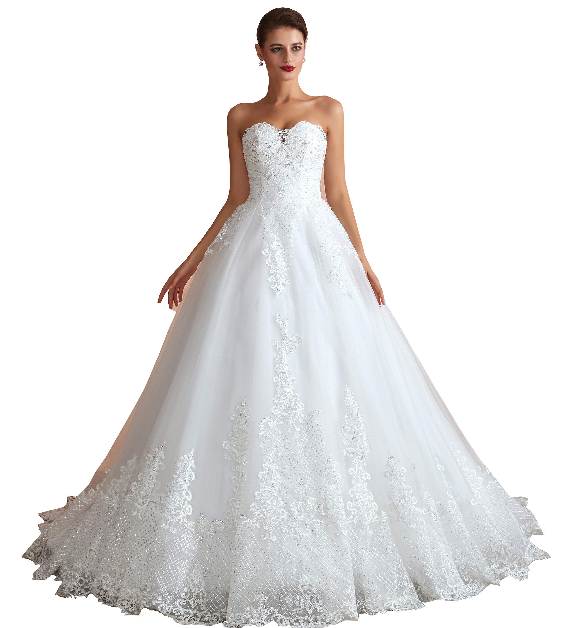 Ikerenwedding Women's Sweetheart Neckline Lace Applique Sequins Tulle Wedding Gown - Perfect for Bridal, Formal Events & Romantic Photoshoots