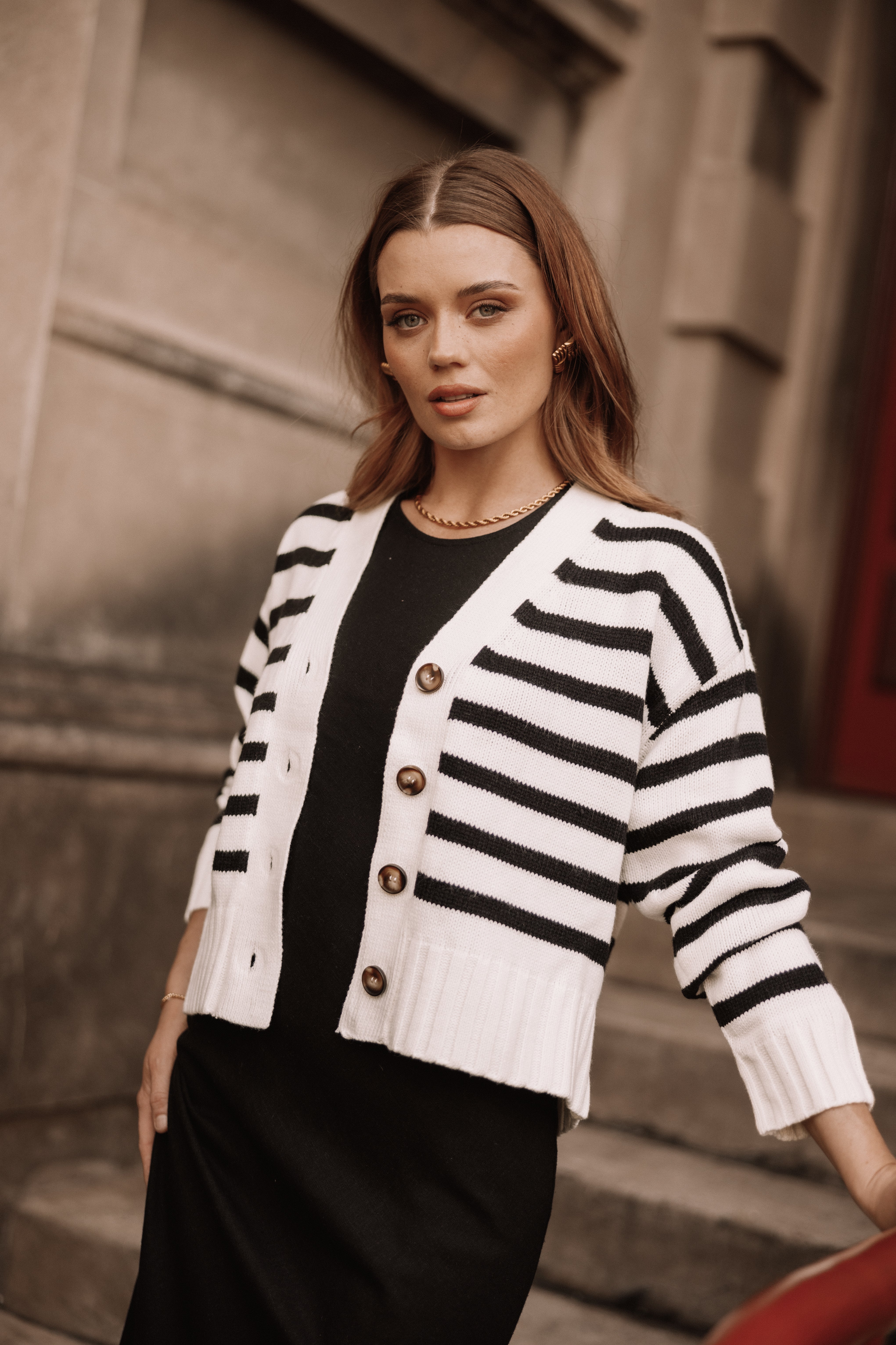 Kallen Button Front Striped Cardigan for Women - Soft Cream & Black Knit Sweater | Casual Office Wear, Fall Layering, Cozy Outfit Essential