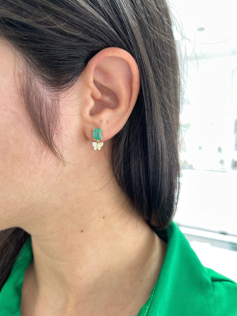 2.40tcw 14K Gold Natural Emerald & Diamond Butterfly Dangle Earrings for Women - Elegant Jewelry Gift for Birthday, Anniversary & Special Occasions