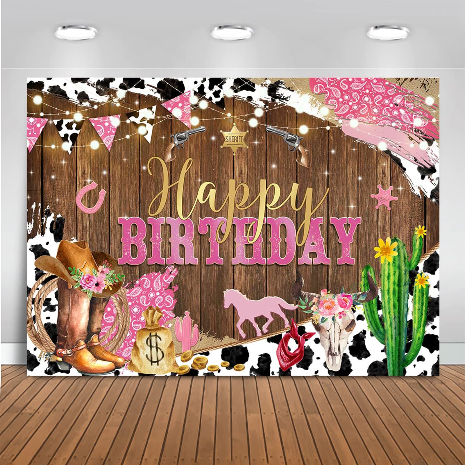 Western Cowgirl Birthday Backdrop - Rustic Rodeo Boot & Horse Theme Party Decor for Girls - 7x5ft (82x60 inch) Pink Photo Booth Background with Happy Birthday Banner - Perfect for Cowgirl Themed Birthday Parties, Baby Showers & Western Events