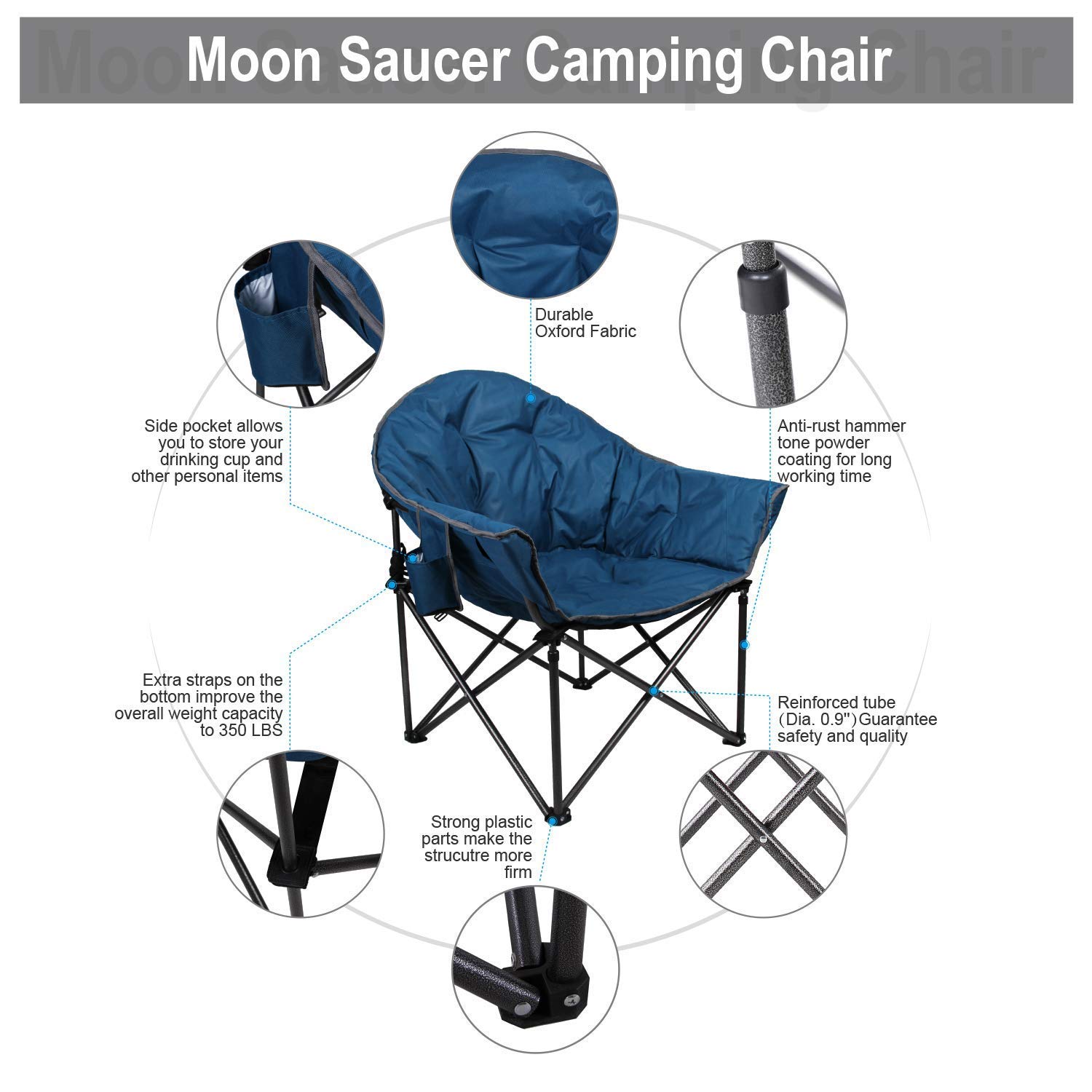 ALPHA CAMP Oversized Padded Moon Saucer Camping Chair - Portable Round Recliner with Cup Holder & Carry Bag for Outdoor, Beach, Picnic, and Backyard Relaxation