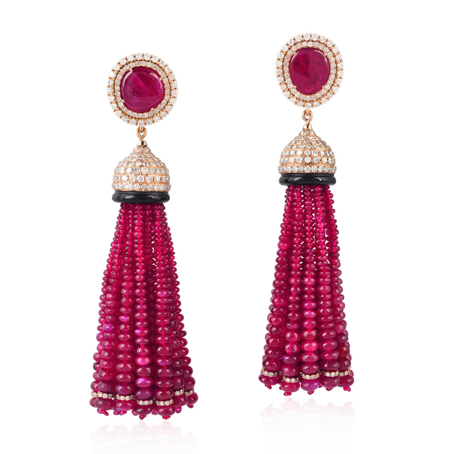 18k Rose Gold Faceted Ruby Beads & Onyx Pave Diamond Tassel Earrings - Elegant Dangle Jewelry for Weddings, Parties & Special Occasions
