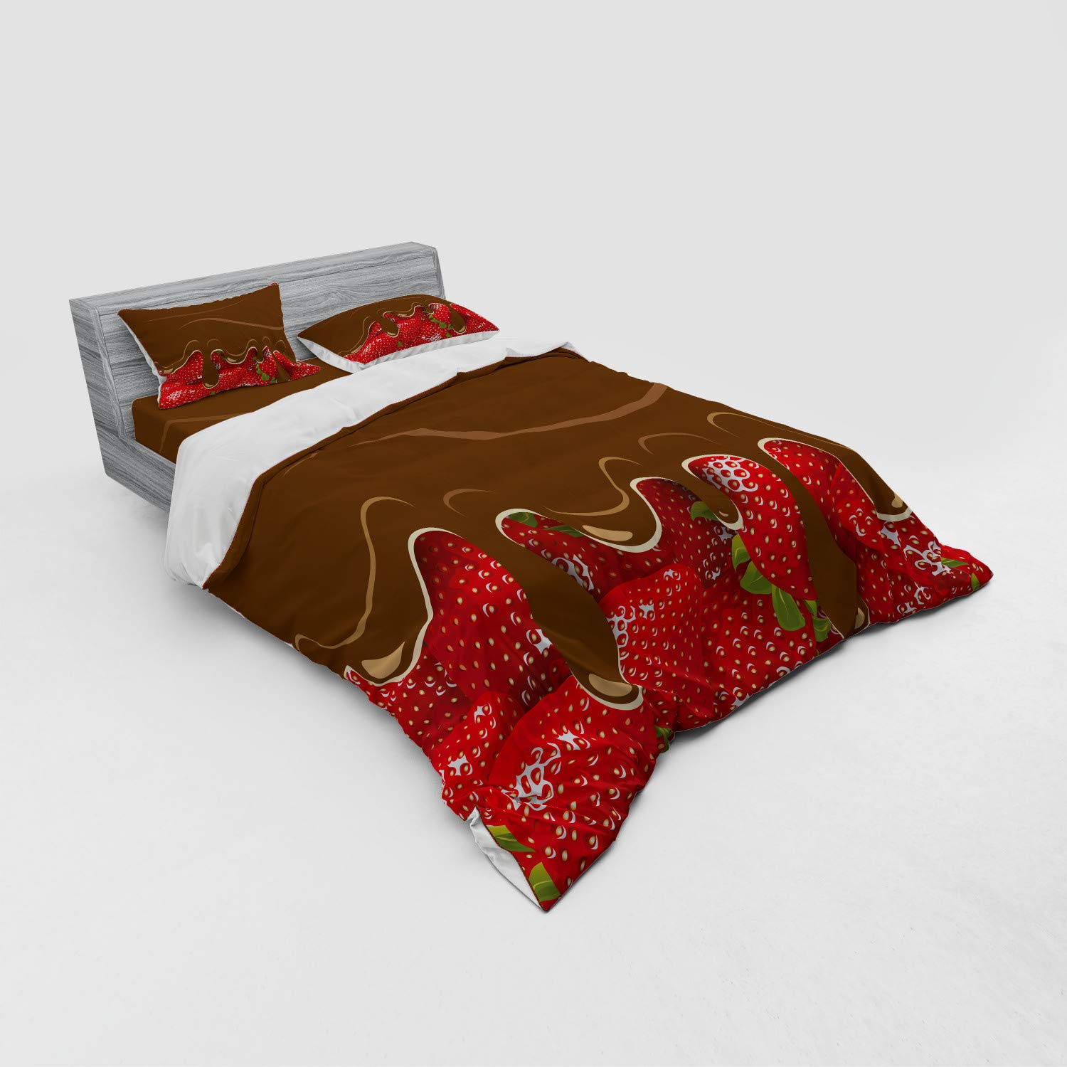 Ambesonne Queen Size 4-Piece Strawberry Bedding Set - Chocolate Covered Strawberries Duvet Cover with Shams & Fitted Sheet, Brown Red - Perfect for Sweet Themed Bedrooms, Valentine's Day Gifts & Cozy Home Decor