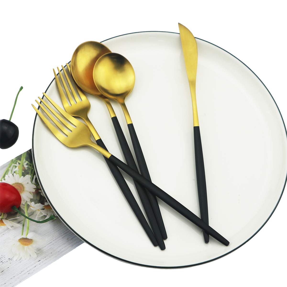 60-Piece Modern Matte Silverware Set - 304 Stainless Steel Flatware Cutlery Set for 12 - Includes Dinner Knives, Spoons & Forks - Black Gold Satin Finish - Elegant Kitchen Utensils for Dinner Parties, Weddings & Fine Dining