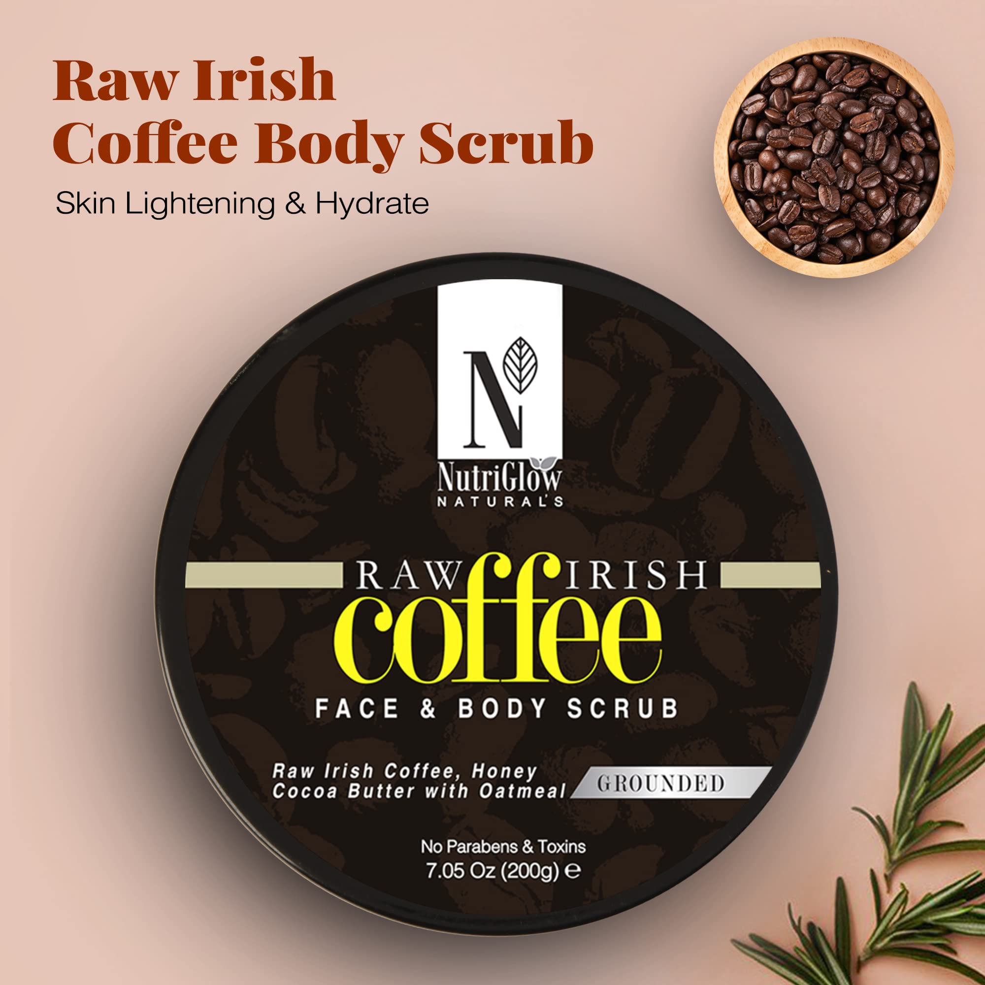 NutriGlow NATURAL'S Organic Raw Irish Coffee & Cocoa Butter Face & Body Scrub with Oatmeal - Exfoliating, Hydrating & Detoxifying Treatment for Smooth Skin - Perfect for Spa Day & At-Home Self Care Routine, 200g