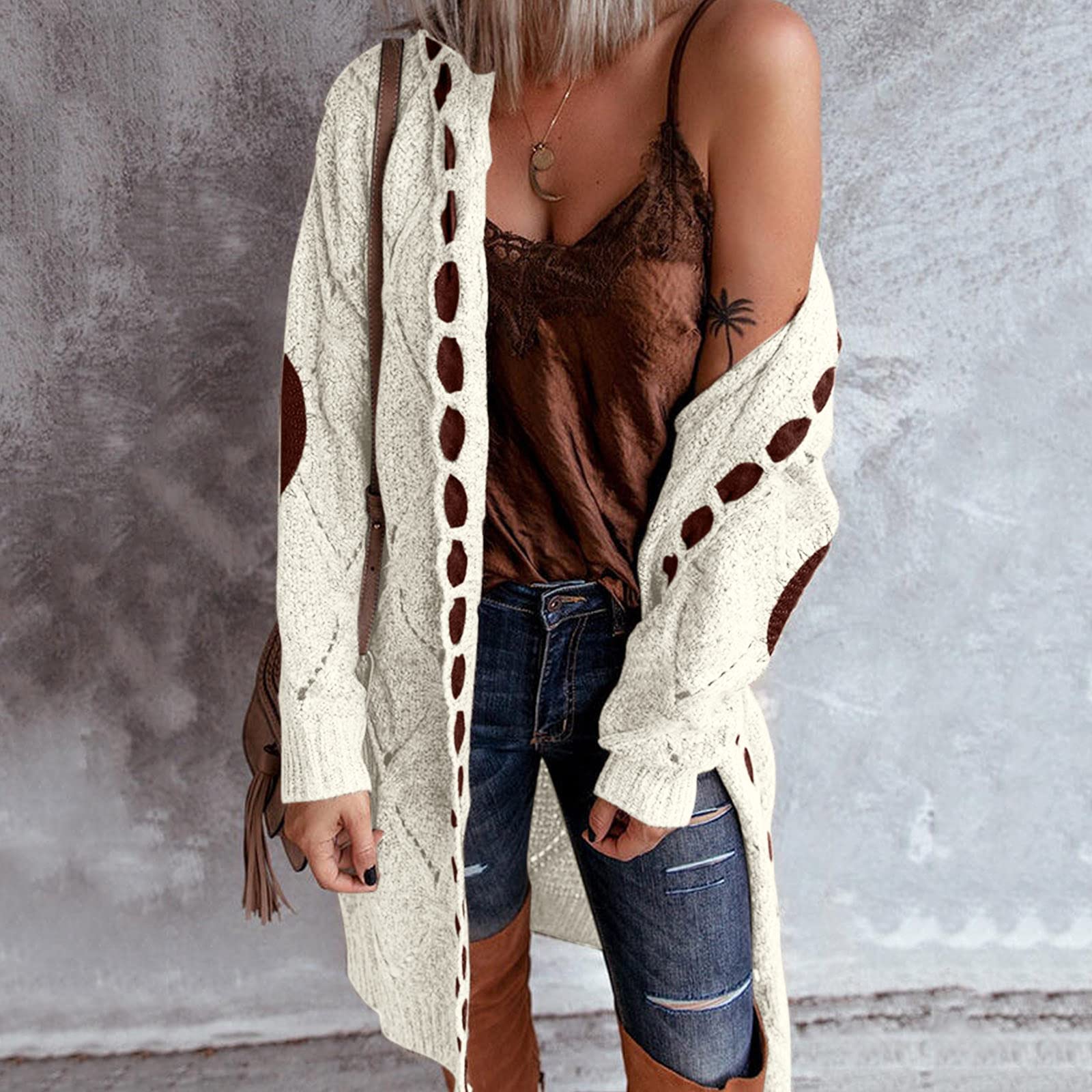 Chunky Knit Cardigan for Women - Lightweight Long Sweater with Hood & Elbow Patches | Cozy Fall & Winter Fashion, Casual Outerwear for Office & Weekend Outings