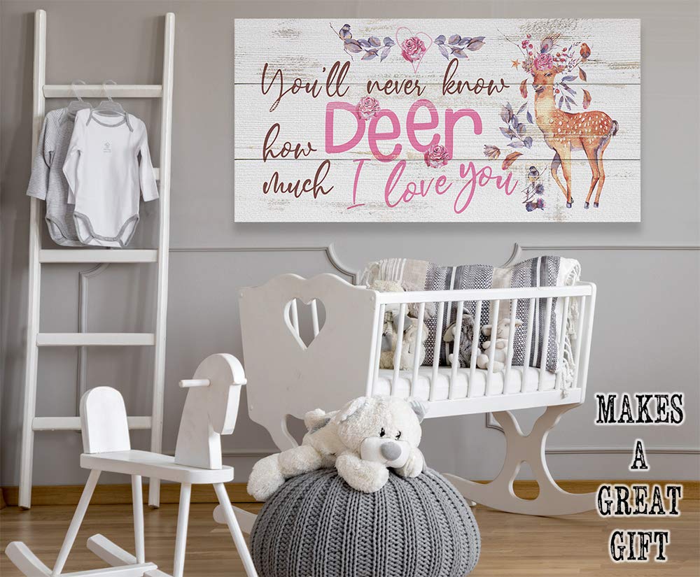 Deer Love Woodland Animal Wall Art - Inspirational Nursery Decor, Baby Shower Gift, 30x60 Stretched Canvas Print for Girls Bedroom & Kids Room - Perfect for Nursery Wall Decor and Baby Shower Present