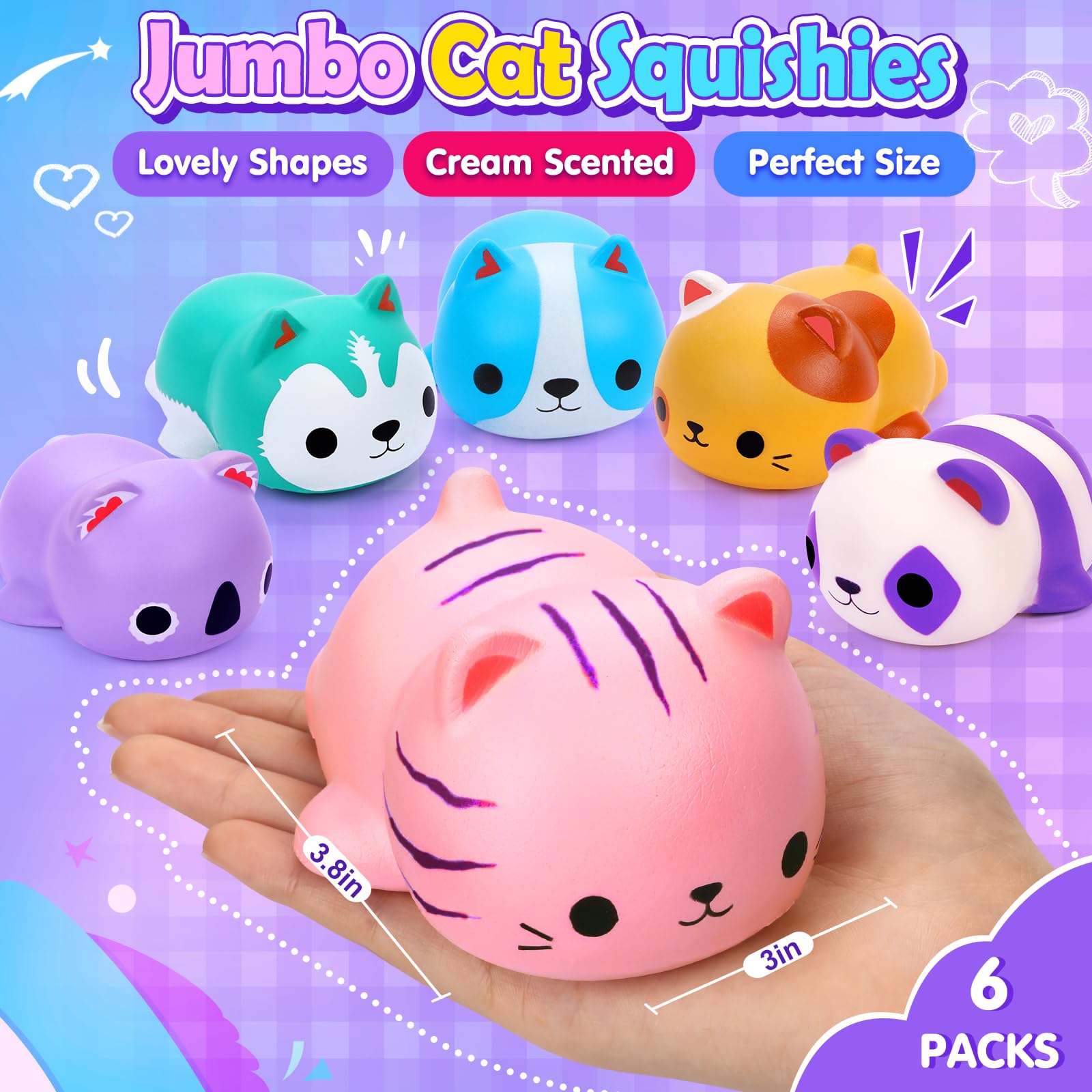 6PCS Jumbo Slow Rising Cat Squishy Stress Balls - Anxiety Relief Fidget Toys for Kids & Adults - Perfect for Classroom Prizes, Party Favors, Easter Goodie Bags & Stocking Stuffers - Fun Sensory Play & Stress Relief Gifts