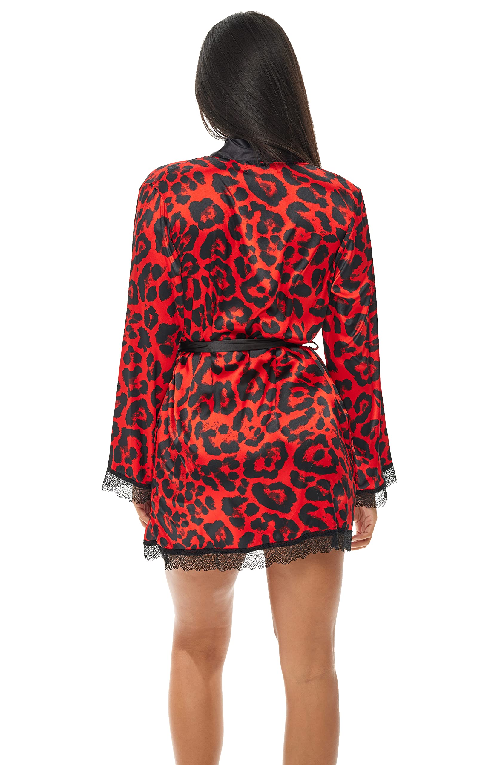 Alexander Del Rossa Women's Short Satin Robe with Leopard Print & Lace Trim - Red Medium (A0826A20MD) | Luxurious Loungewear for Spa, Bridal Party & Hotel Stays