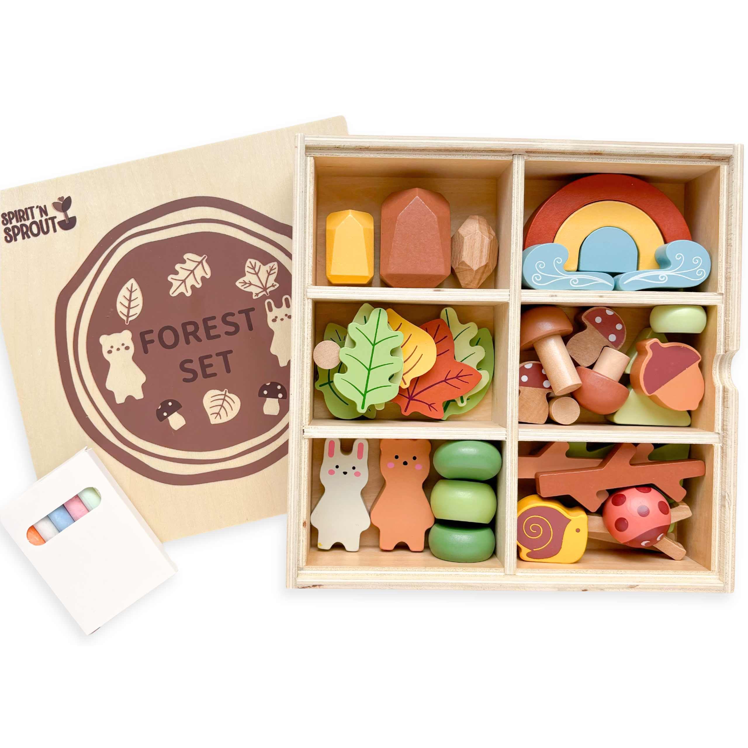 38-Piece Wooden Forest Sensory Bin - Montessori Educational Toys for Toddlers Ages 3-5 - Sensory Play Kit for Kids 4-7 Years - Preschool Learning Activities & Building Blocks - Perfect for Homeschooling, Daycare and Early Childhood Development