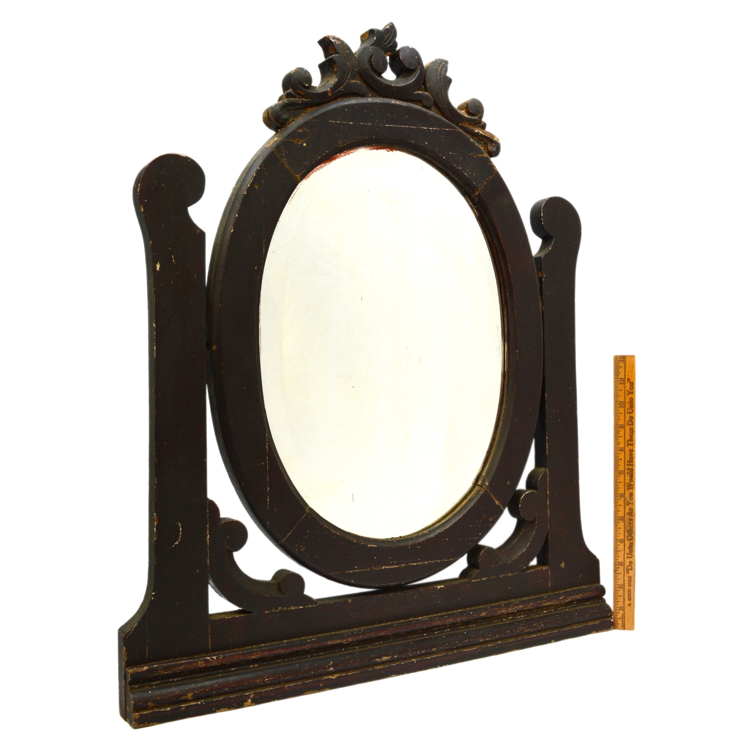 Antique Hardwood Dresser Vanity Mirror 11x15 Inches Beveled Oval Salvaged 19th-20th Century - Vintage Bedroom Decor & Makeup Station Accessory