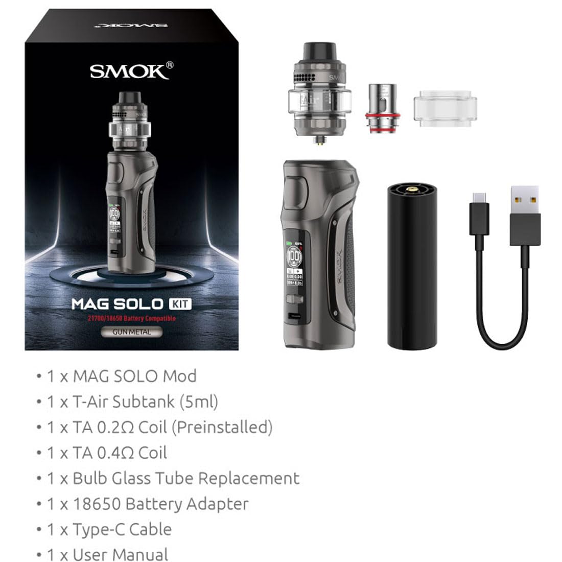 SMOK Mag Solo Kit 100W Vape Mod with 5ml T-Air Subtank & TA Coil - Electronic Cigarette Starter Kit for Beginners | Nicotine-Free Vaping for Home, Travel & Cloud Chasing