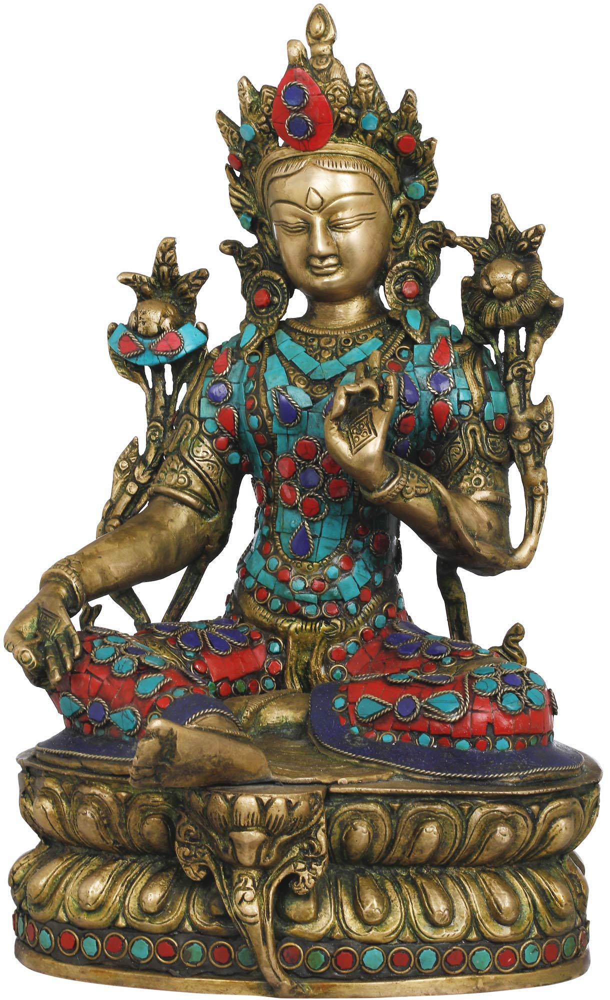 Exotic India Tibetan Buddhist Deity Green Tara Brass Statue with Intricate Inlay Work - Handcrafted Spiritual Decor for Home Altar, Meditation Space & Yoga Studio