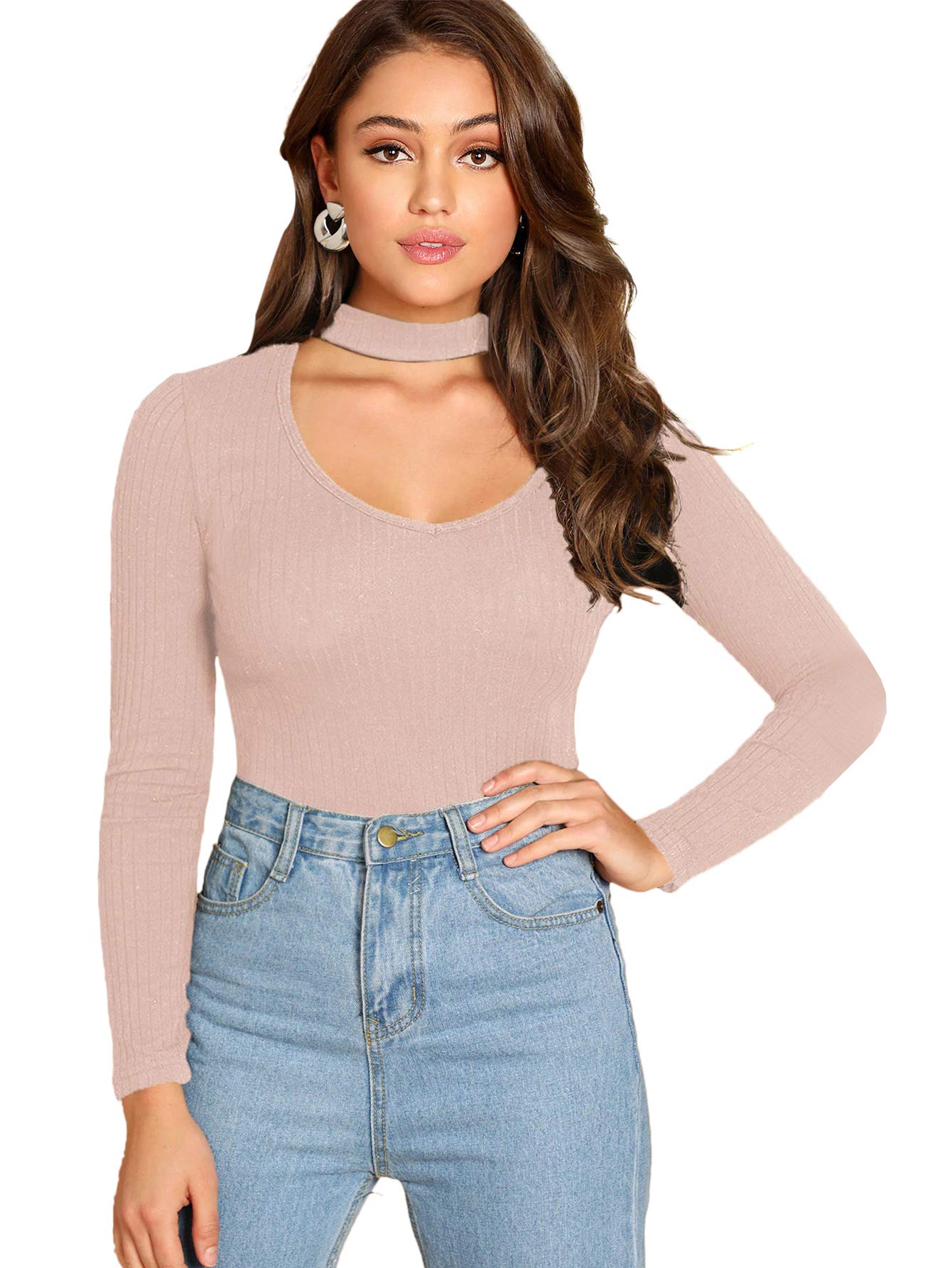Floerns Women's Sexy Long Sleeve Choker Neck Cutout Keyhole Tee Shirt - Trendy Tops for Date Night, Club Outfits & Casual Wear