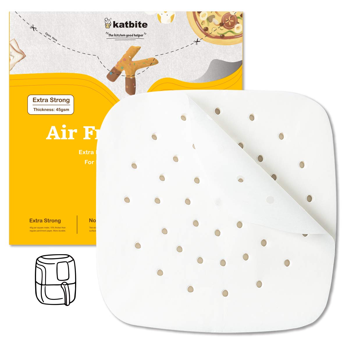 Katbite Heavy Duty Perforated Parchment Paper for Air Fryer - 120Pcs 6.5 inch Square Liners, Non-Stick Baking Sheets for Steaming Basket, Pans, Dumplings, Fish & Dim Sum - Perfect for Air Frying, Cooking & Meal Prep