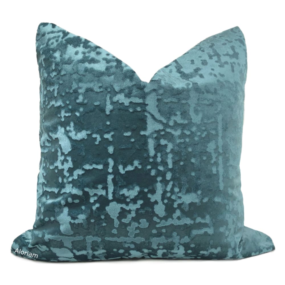 Kael II Lagoon Blue Teal Green Abstract Distressed Tonal Velvet Pillow Cover - Soft Decorative Throw Pillow Case for Sofa, Bed, Couch - Home Decor & Living Room Accent