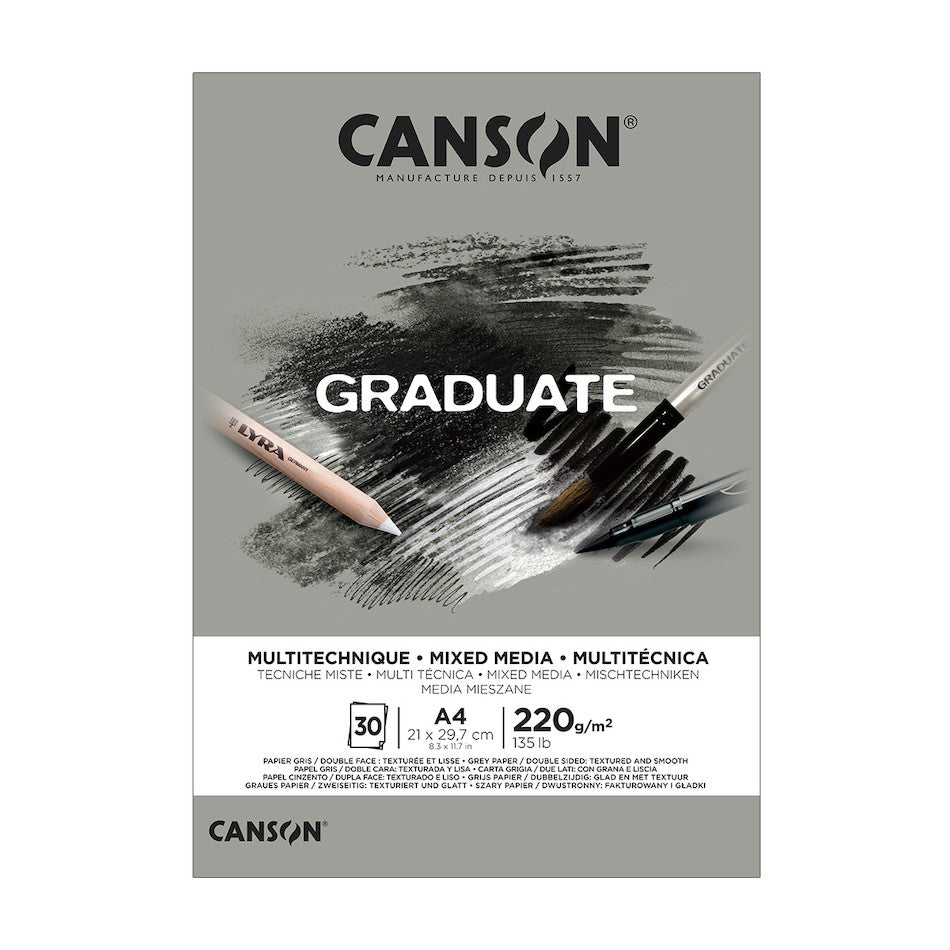 Canson Graduate Grey Mixed Media Pad A4 - 50 Sheets, 160gsm, Acid-Free Paper for Drawing, Sketching & Watercolor - Perfect for Artists, Students & Professionals