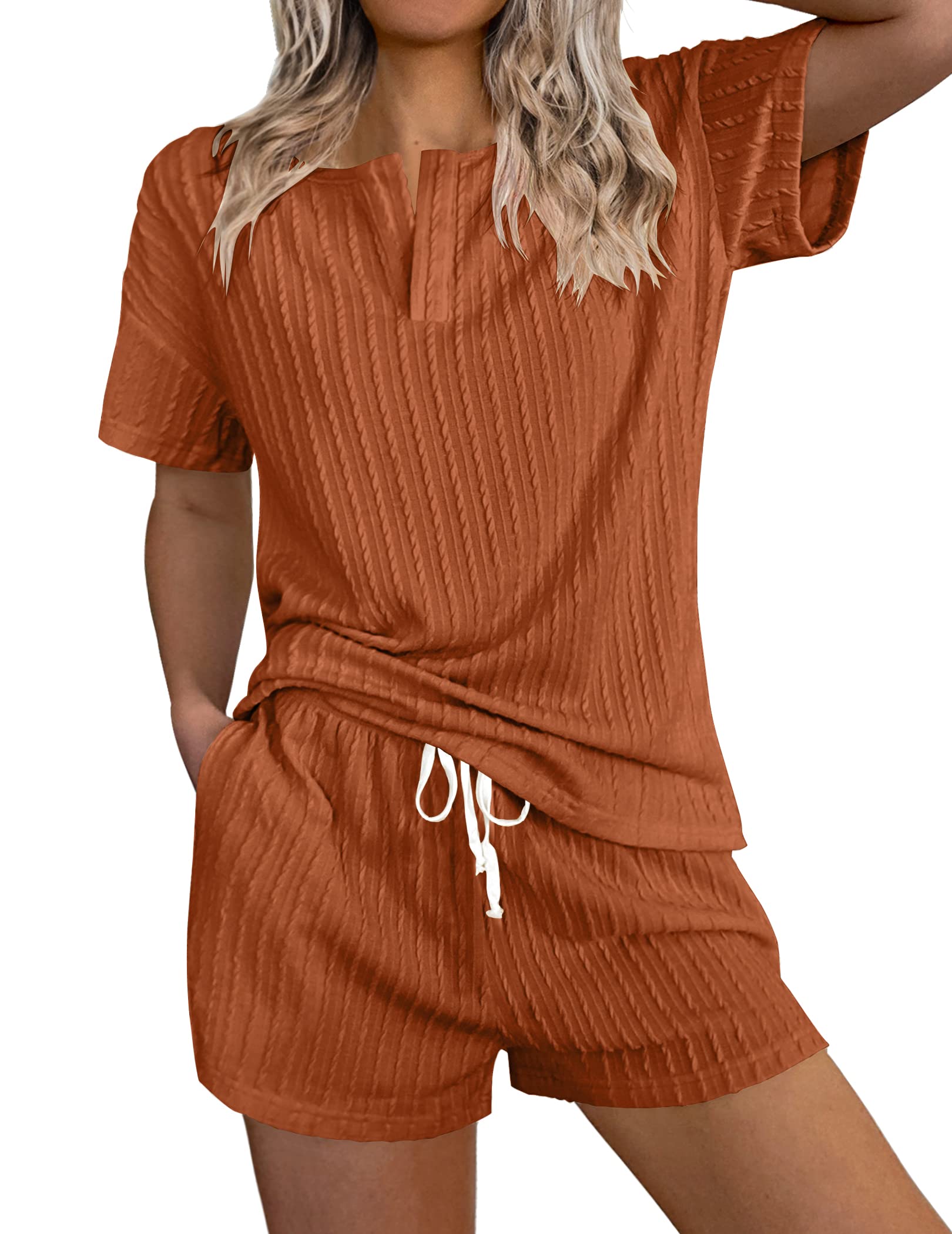 Ekouaer Women's Ribbed Knit Lounge Set - 2 Piece Short Sleeve Top & Shorts Pajama Set, Soft Tracksuit for Home, Sleep & Relaxation | Comfortable Sweatsuit for Women
