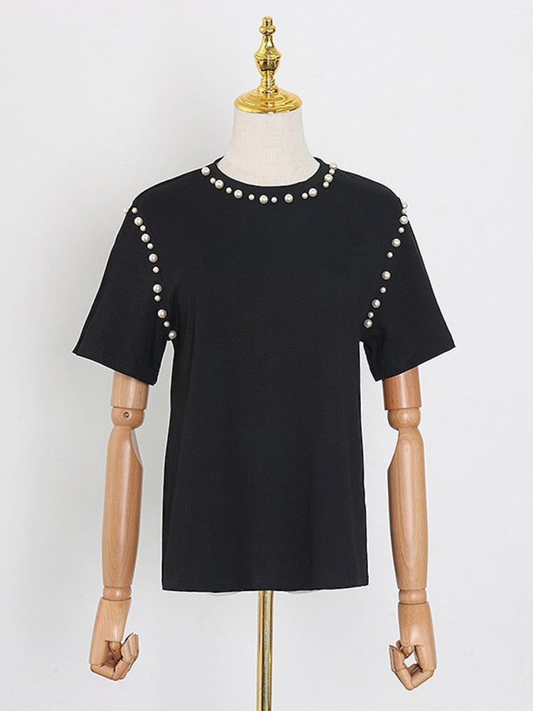 Women's Black Patchwork Pearl Round Neck Short Sleeve T-Shirt | Casual Joker Graphic Tee | Fashion Streetwear for Everyday Wear & Party Outfits