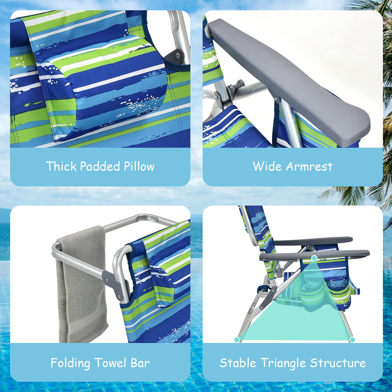 Goplus Folding Beach Chair for Adults - 5-Position Adjustable Backpack Chair with Head Pillow, Cooler Bag, Towel Bar & Cup Holders - Portable Sunbathing Lounge Chair for Beach, Poolside, Camping & Outdoor Relaxation