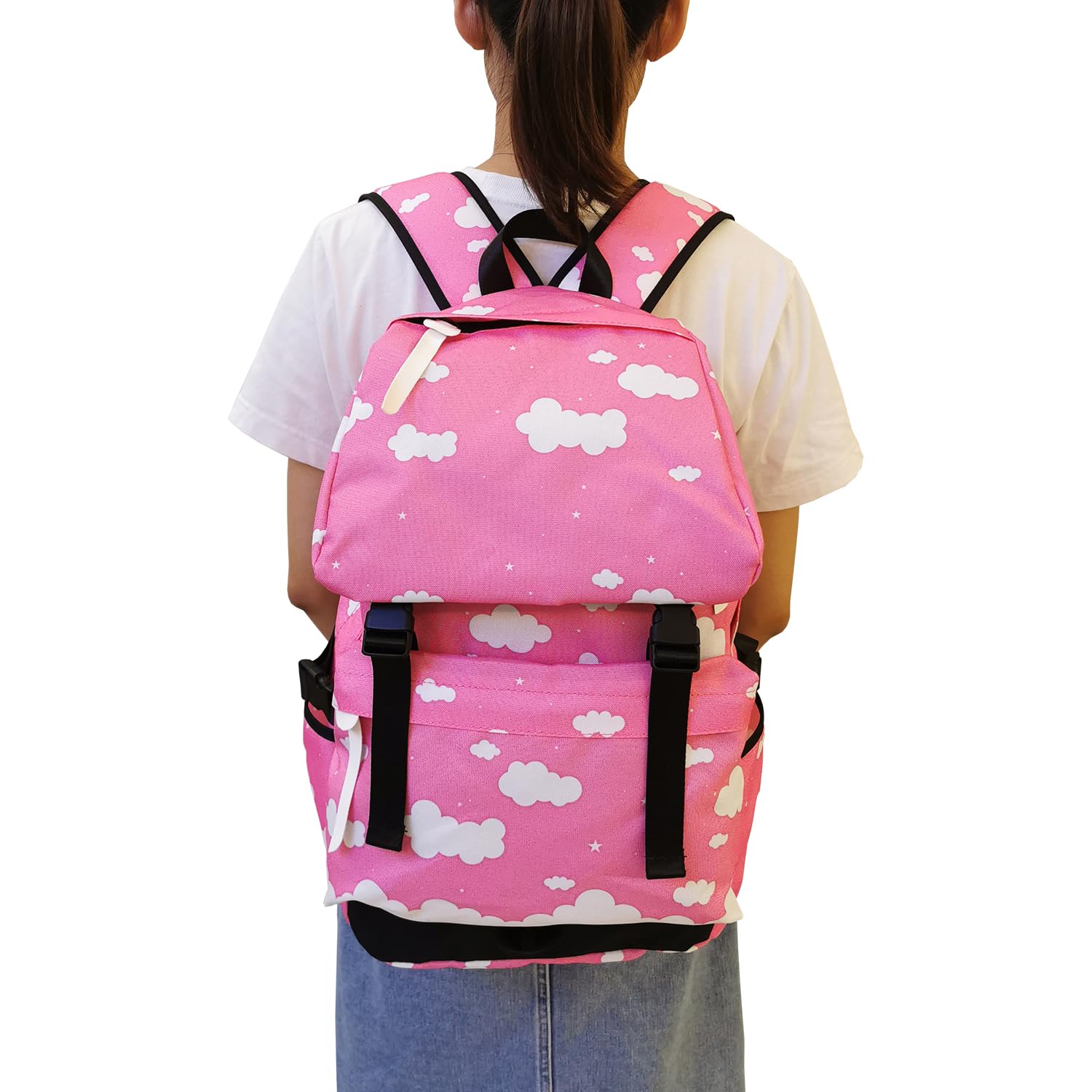 Stylish Pink Clouds Canvas Backpack - Lightweight Shoulder Bag for Women & Girls, 13-14 Inch Laptop Rucksack for Travel, School & Work | Durable Travel Backpack with Large Capacity