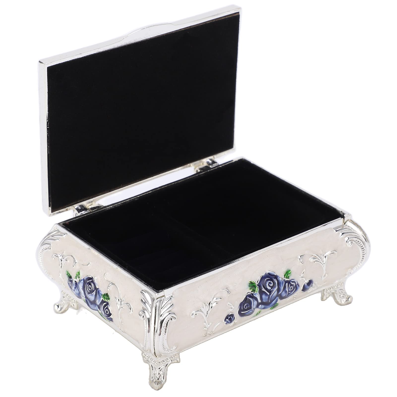 Antique Jewelry Box - Vintage Stamped Zinc Alloy Jewelry Storage Case for Earrings, Rings & Necklaces | Elegant Silver White Blue Rose Design | Perfect for Gift Giving, Wedding Favors & Home Decor