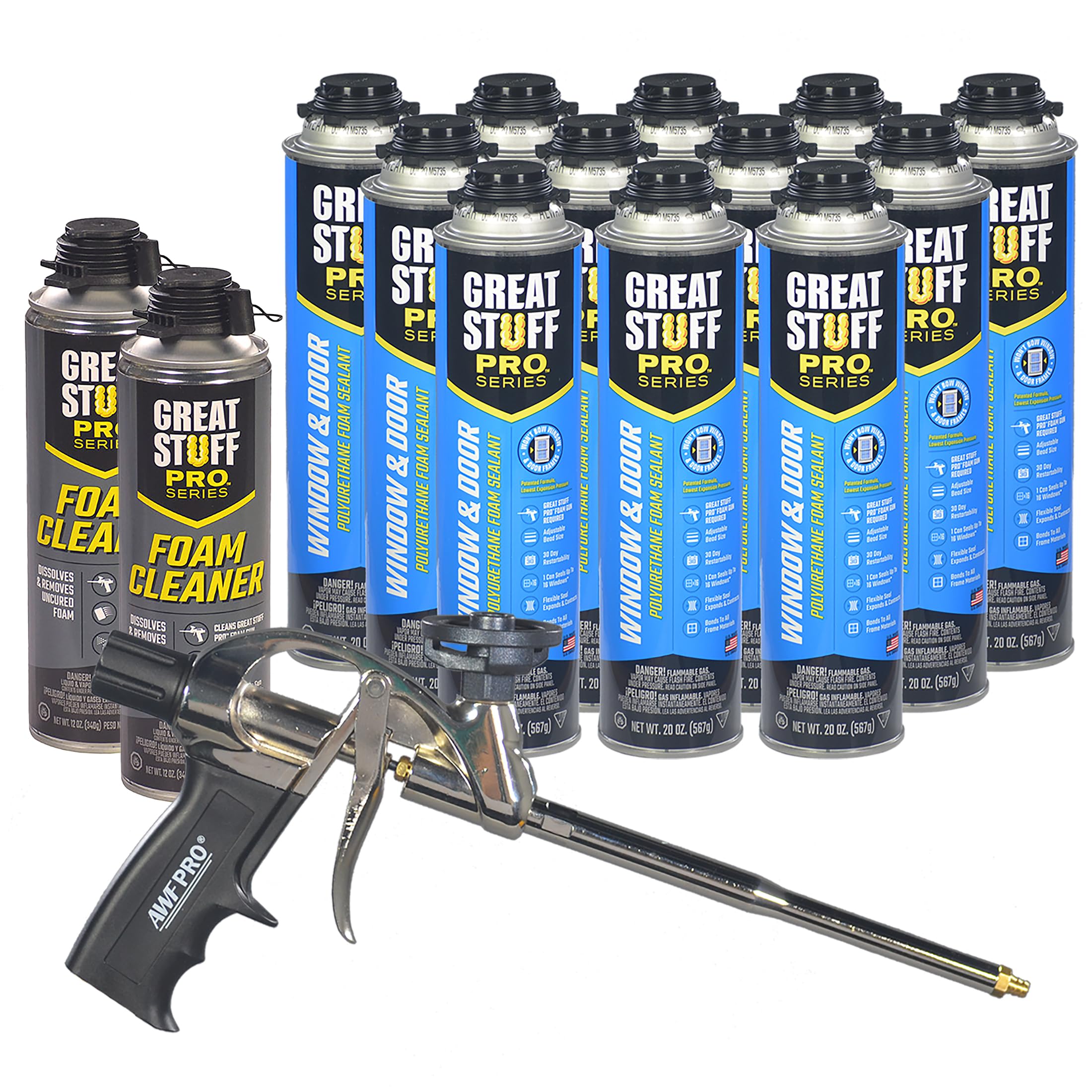 GREAT STUFF PRO 20oz Low Expansion Polyurethane Foam Sealant for Windows & Doors - Air Tight, Water Resistant, Insulating Spray Foam (Off White, Pack of 12 with Applicator Gun) - Perfect for Weatherproofing, Draft Protection & Home Insulation Projects