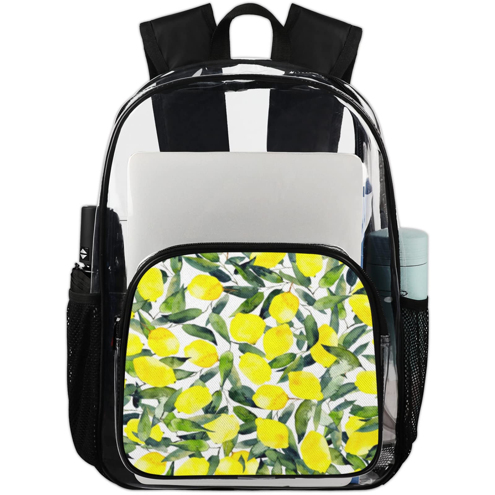 Watercolor Lemon Print Heavy Duty Clear PVC Backpack - Transparent See Through School Bag for Stadium Security, Travel & Work - Perfect for Concerts, Airports, Beach Days & College Campus