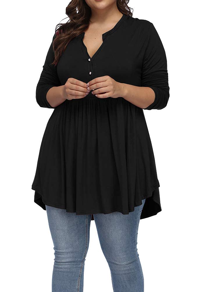ALLEGRACE Women's Plus Size Henley V-Neck Button Tunic Top - Long Sleeve Flowy Swing Shirt for Casual Wear & Office Outfits