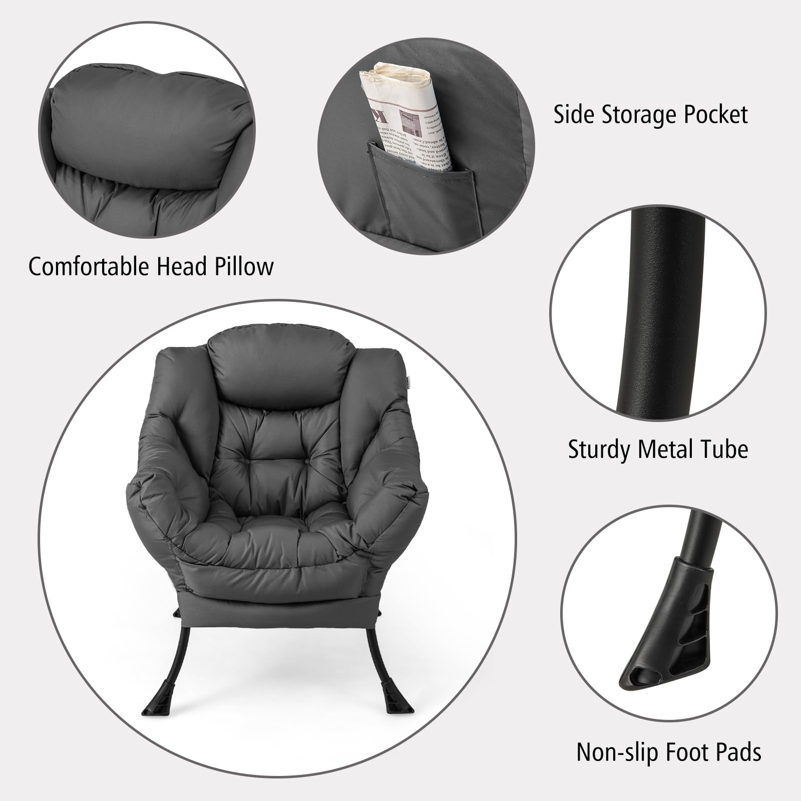 Giantex Oversized Lazy Chair with Ottoman - Gray Upholstered Lounge Armchair with Foldable Footrest & Side Pocket - Perfect for Living Room, Bedroom, Office & Small Space Relaxation