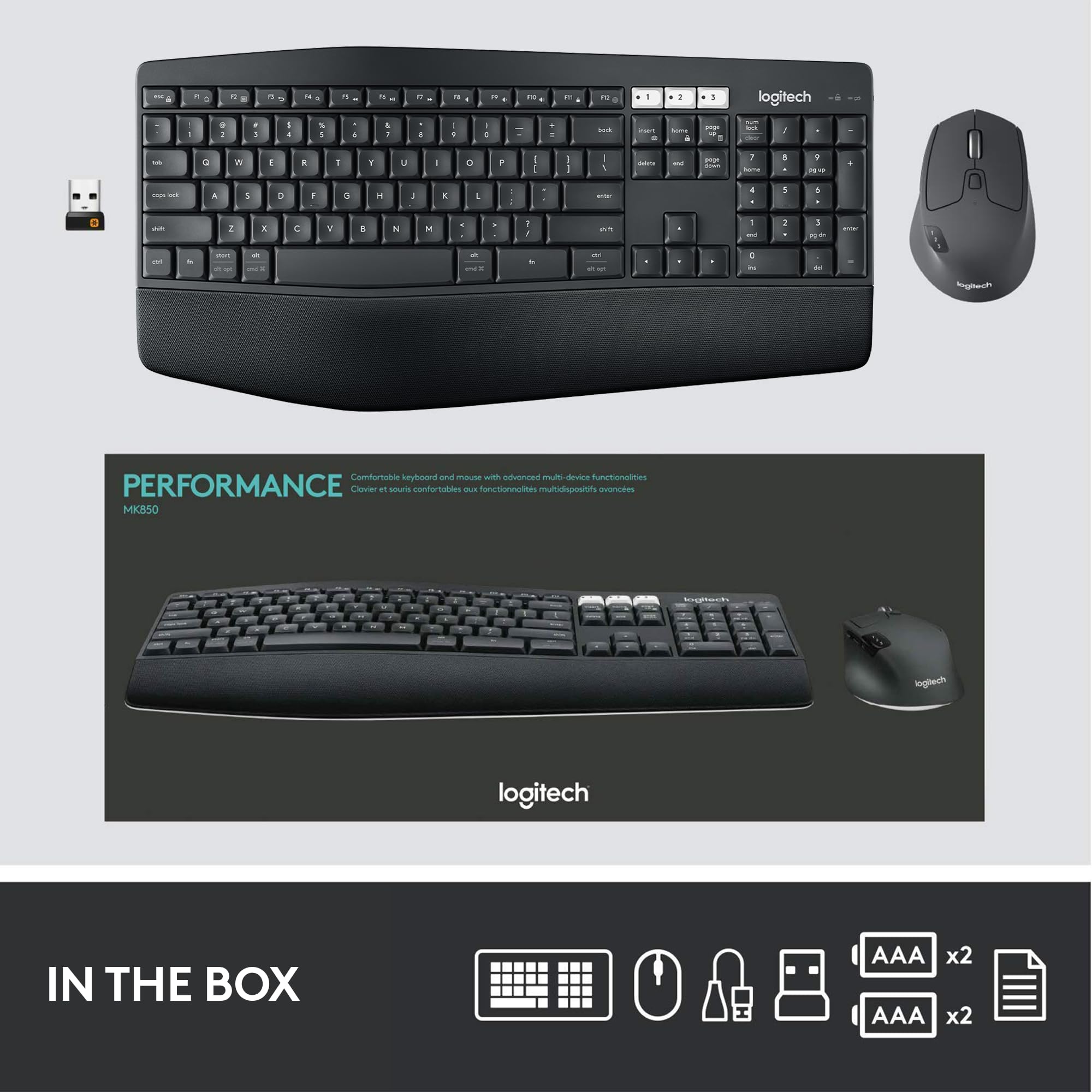 Logitech MK850 Wireless Keyboard and Mouse Combo - Ergonomic Full-Size Keyboard with 2.4GHz USB Receiver for PC/Mac - Perfect for Office Work, Gaming & Home Computing