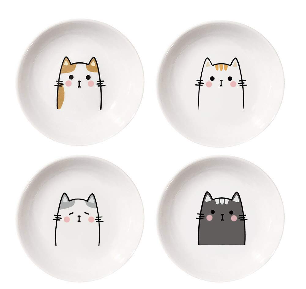 4-Piece Ceramic Cat-Shaped Condiment Dishes for Appetizers, Sauces & Seasonings - Perfect for Dinner Parties, Sushi, and Small Bites Serving