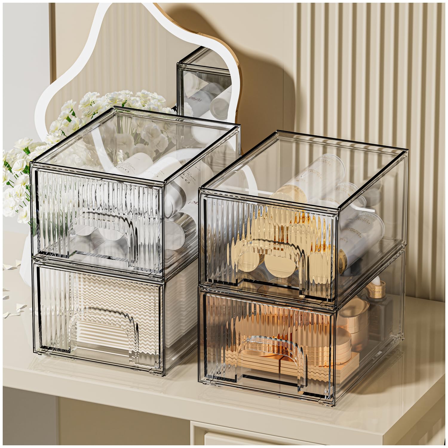 4 Pack Clear Stackable Acrylic Storage Drawers - Cosmetic & Home Organization for Dresser, Kitchen Cabinet, Pantry | Space-Saving Plastic Organizer for Makeup, Jewelry, Office Supplies & Small Items