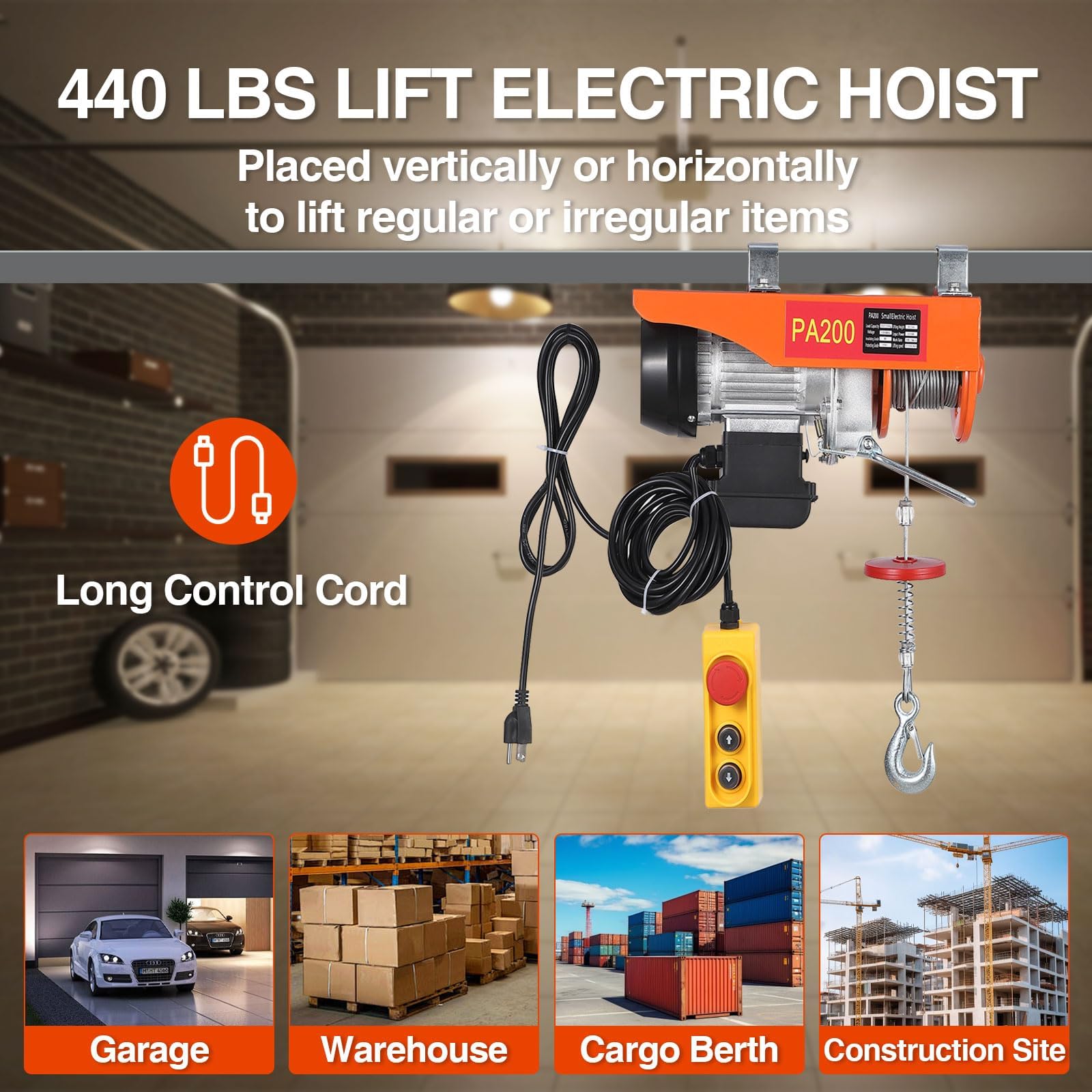440 Lbs Electric Hoist - 6.5FT Double Slings Engine Lift Crane | 460W 110V Steel Wire Winch for Garage, Warehouse & Factory | Heavy Duty Lifting for Automotive Repair, Construction & Industrial Use