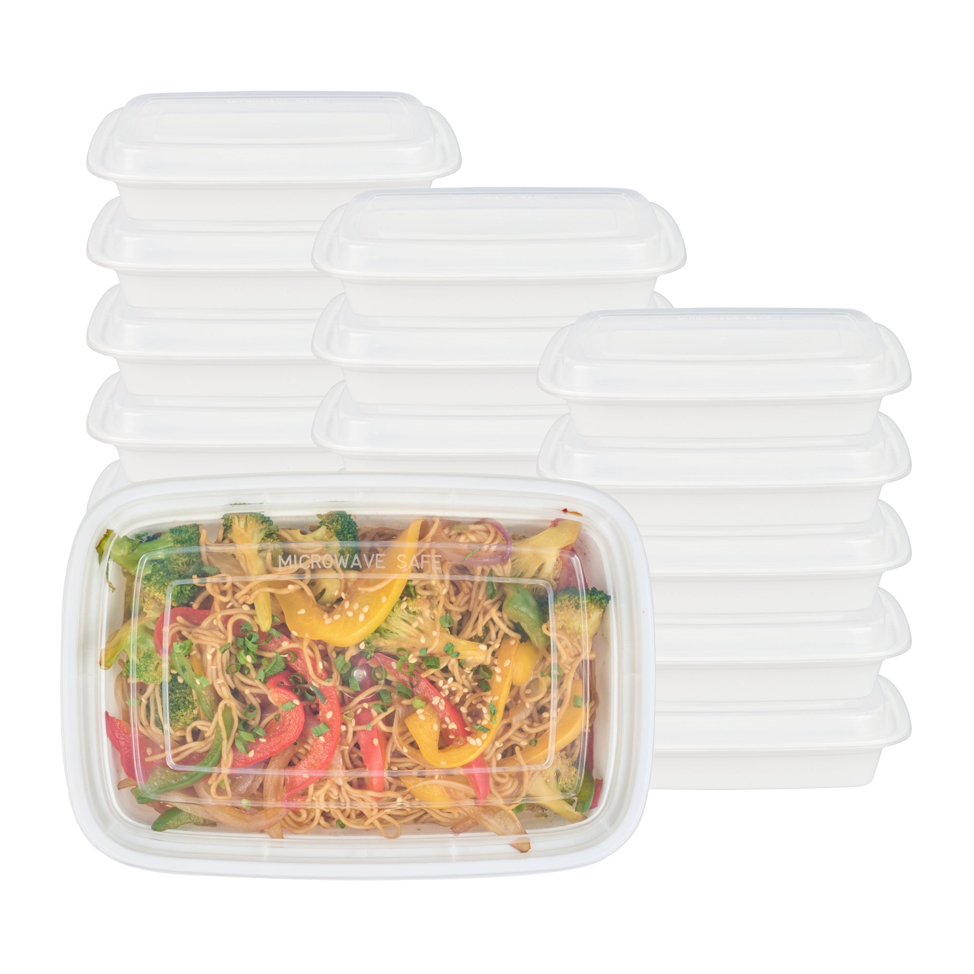 28 oz Rectangle White Plastic Food Storage Container with Clear Lid - Microwave Safe, 50-Pack (8.75