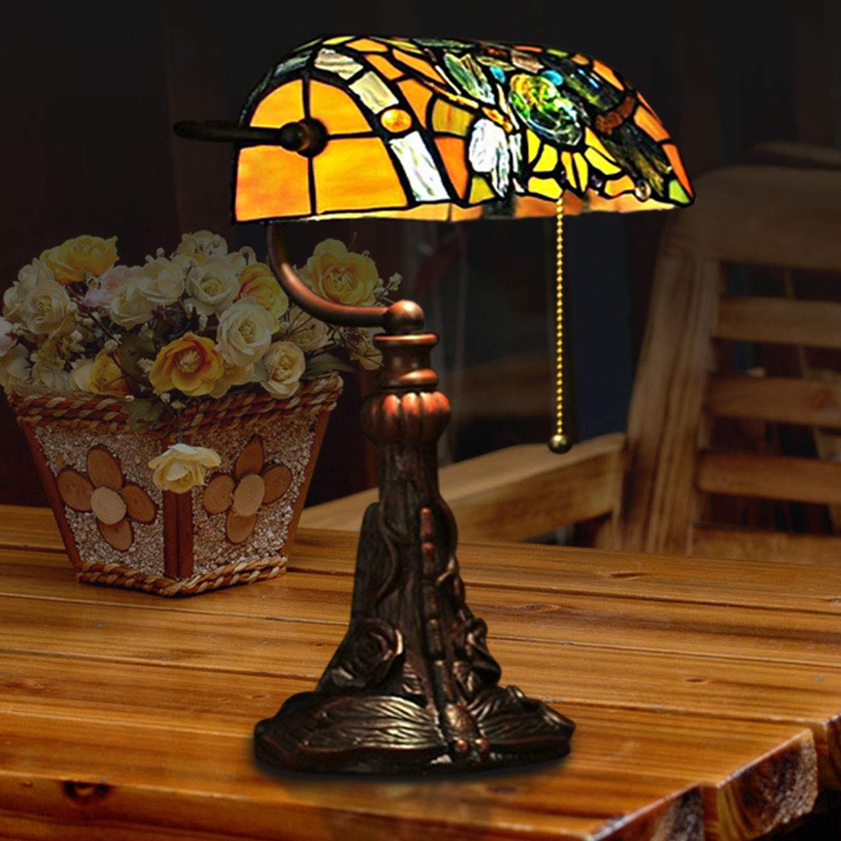 Tiffany Style Stained Glass Table Lamp with Dragonfly Design - 15.5