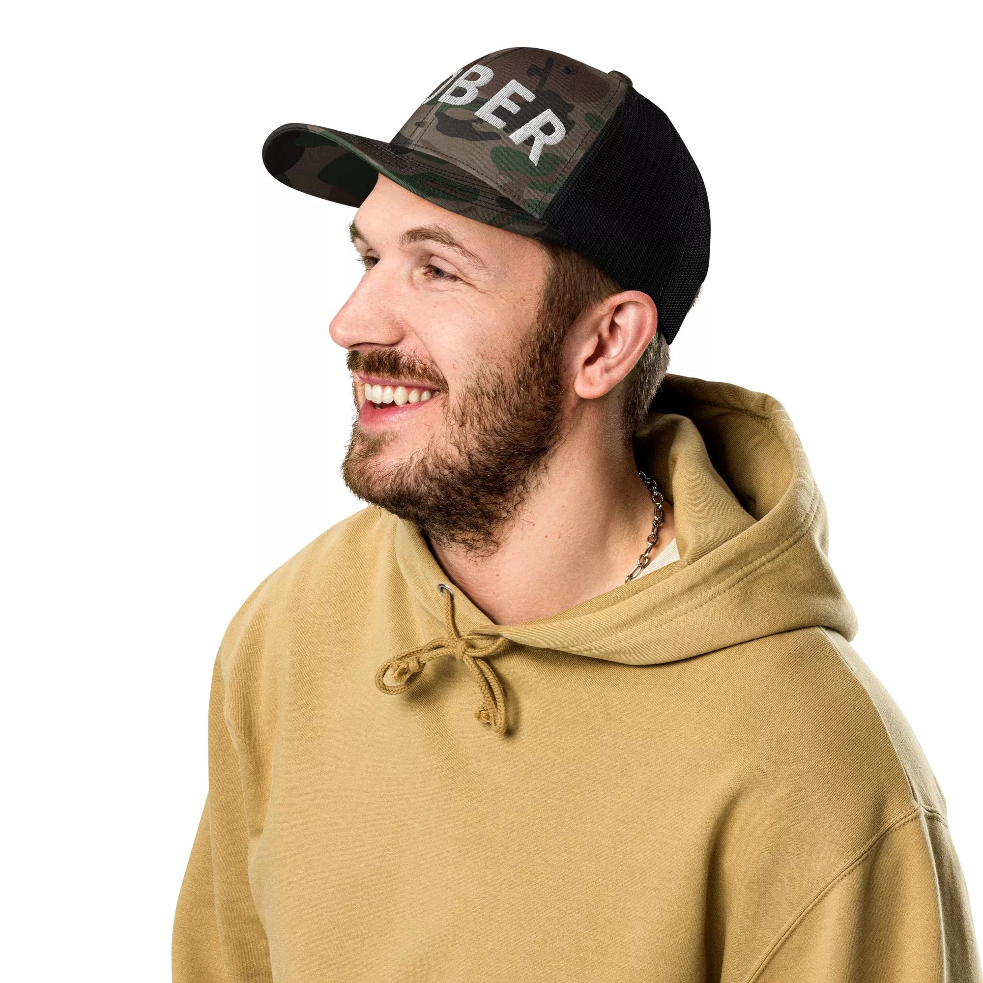 Sober Camouflage Trucker Hat for Men & Women - Adjustable Snapback Cap for Outdoor, Hiking, and Casual Wear