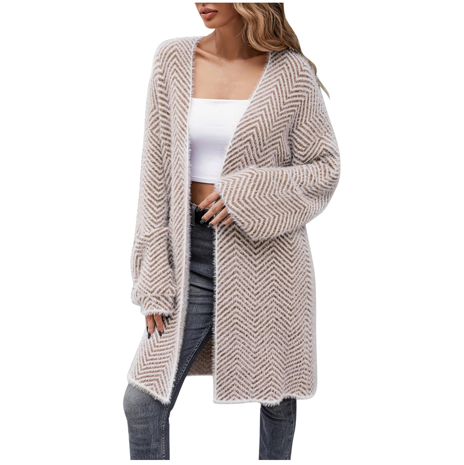 FAW Women's Christmas Cardigan Sweater - Loose Fit Color Block Striped Long Sleeve Knitwear (Khaki) | Cozy Holiday Outfit for Christmas Parties, Family Gatherings & Winter Office Wear