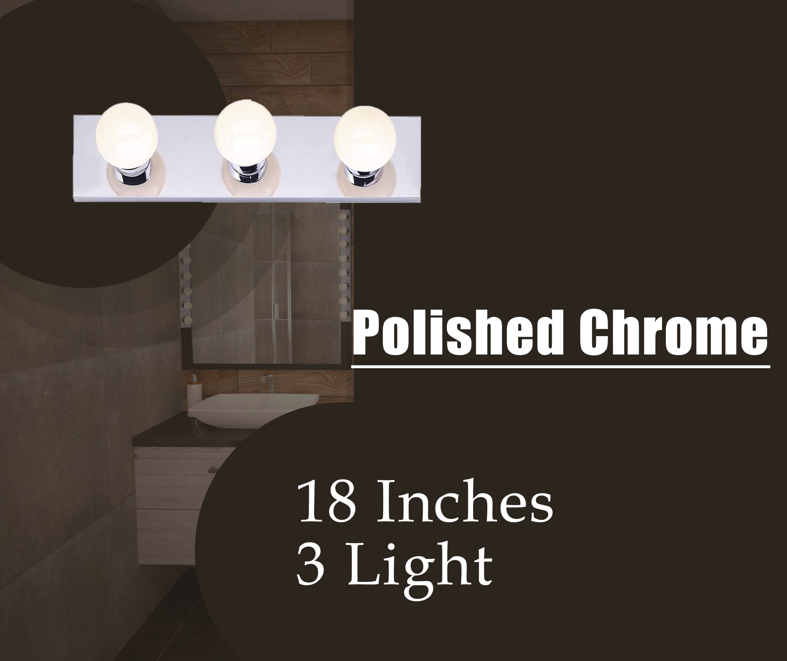 Dysmio Hollywood Style 3-Light Vanity Mirror Strip with Chrome Plates - 18 x 4.25 Inches Salon Lighting for Bedroom, Bathroom, Dressing Room & Makeup Studio - Perfect for Professional Makeup Application, Home Decor & Beauty Salon Lighting (Set of 2)