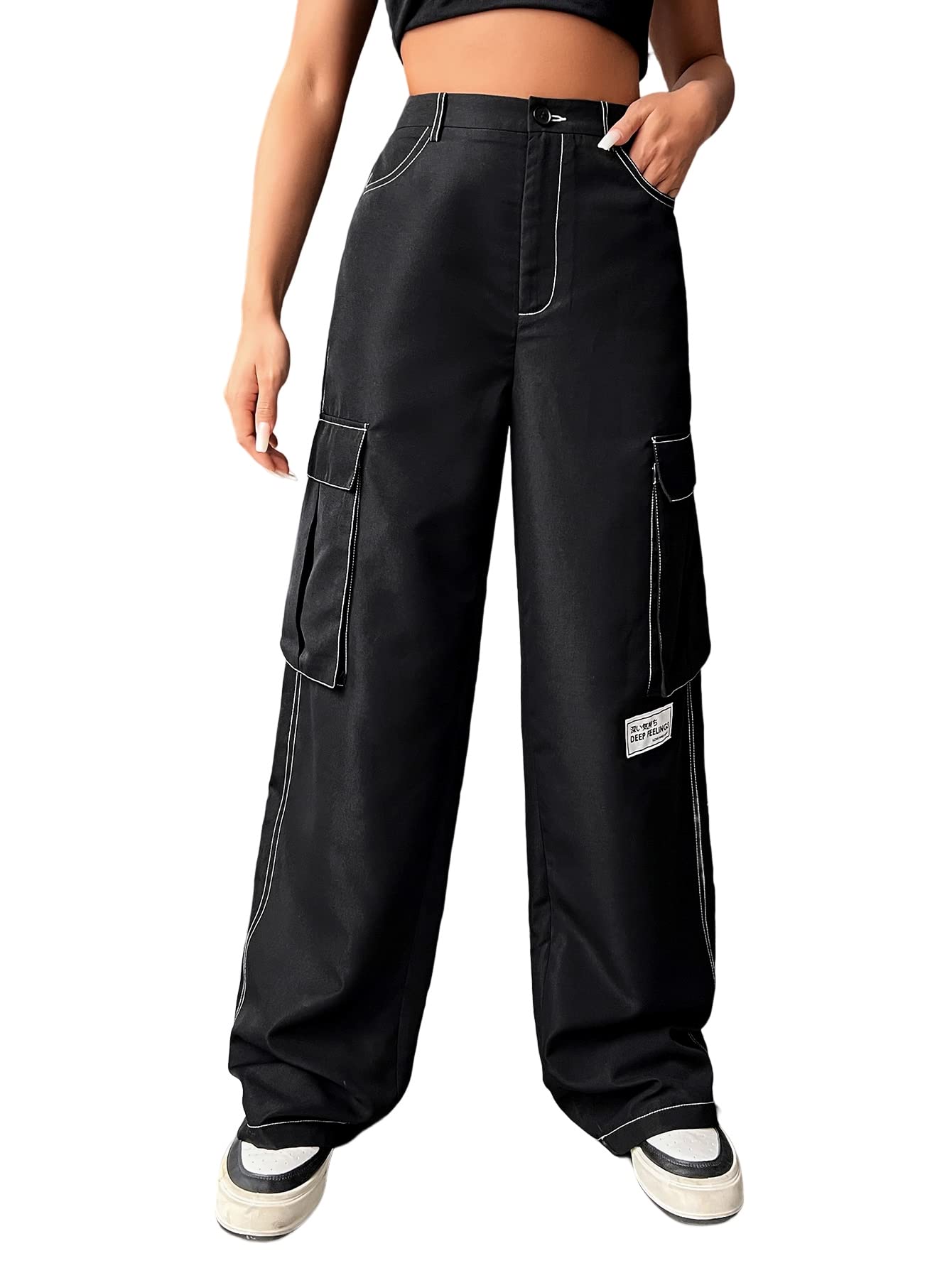 WDIRARA Women's High Waist Cargo Pants with Letter Patches & Multiple Pockets - Fashionable Wide Leg Trousers for Casual Wear, Street Style & Outdoor Activities