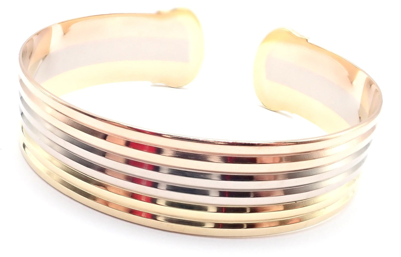 Authentic Cartier 18k Tri-Color Gold Double C Wide Cuff Bangle Bracelet for Women - Luxury Jewelry Gift for Anniversary, Birthday & Special Occasions