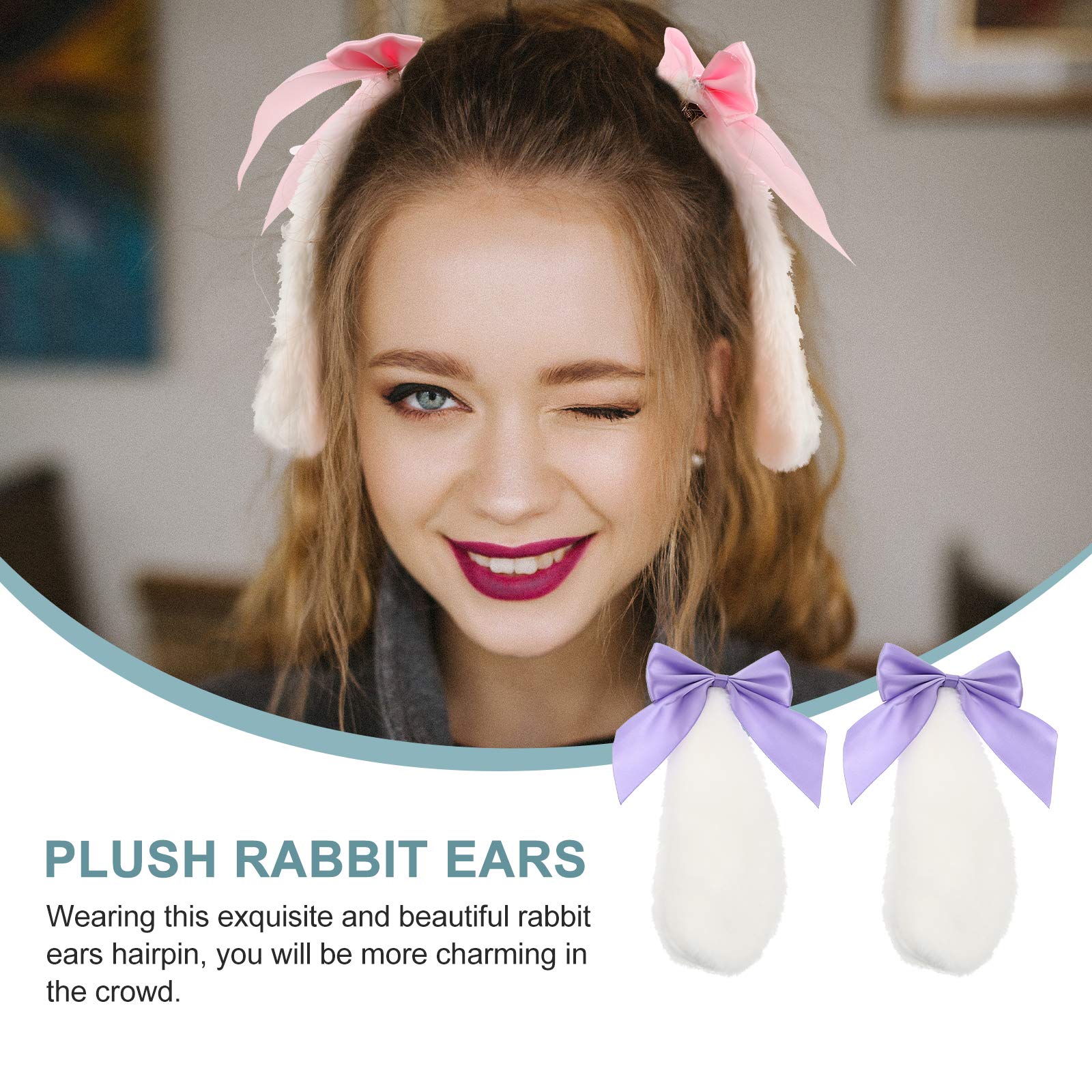 3 Pairs Plush Rabbit Ear Hair Clips for Women & Girls - Soft Stuffed Animal Bunny Hair Accessories with Artificial Fur - Perfect for Halloween, Cosplay, Parties, and Everyday Wear
