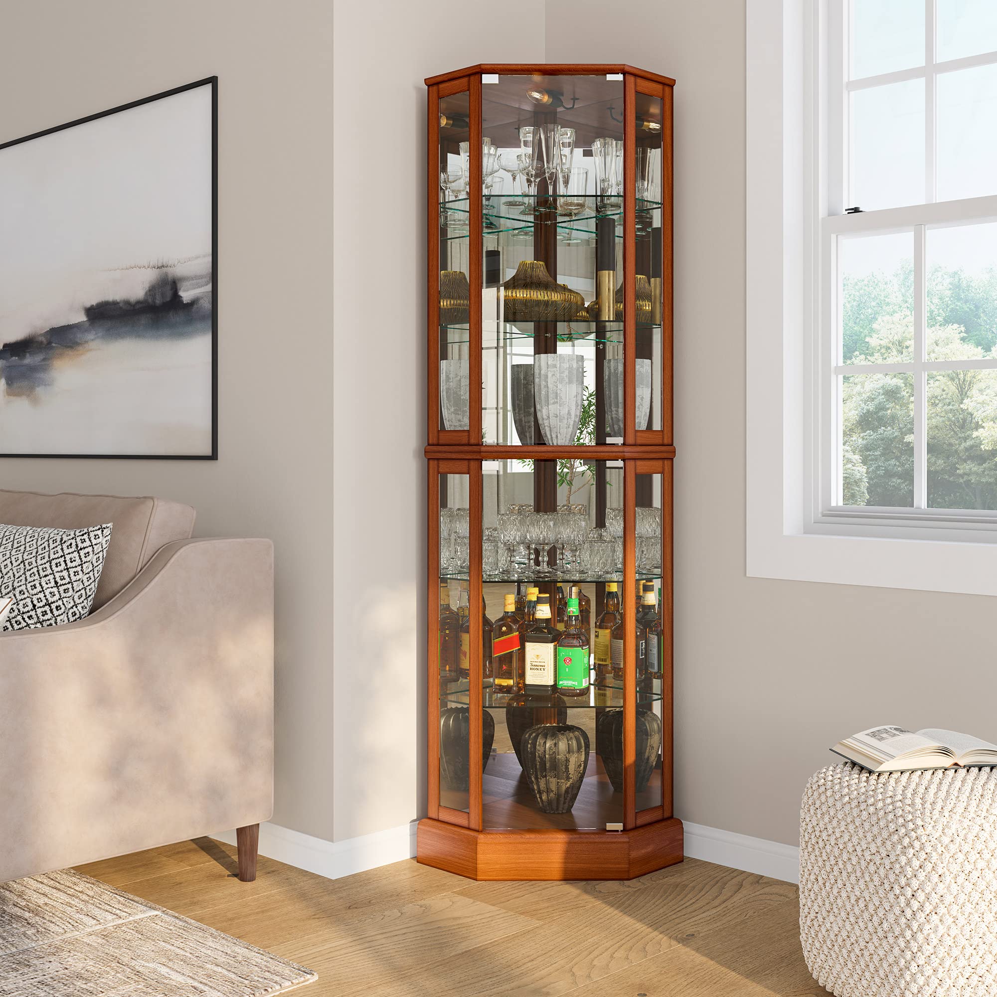BELLEZE Corner Curio Cabinet with LED Lights - Tempered Glass China Hutch & Bar Storage, Wooden Accent Display Case for Living Room - Ashfield Oak Finish | Perfect for Showcasing Collectibles, China & Liquor Bottles