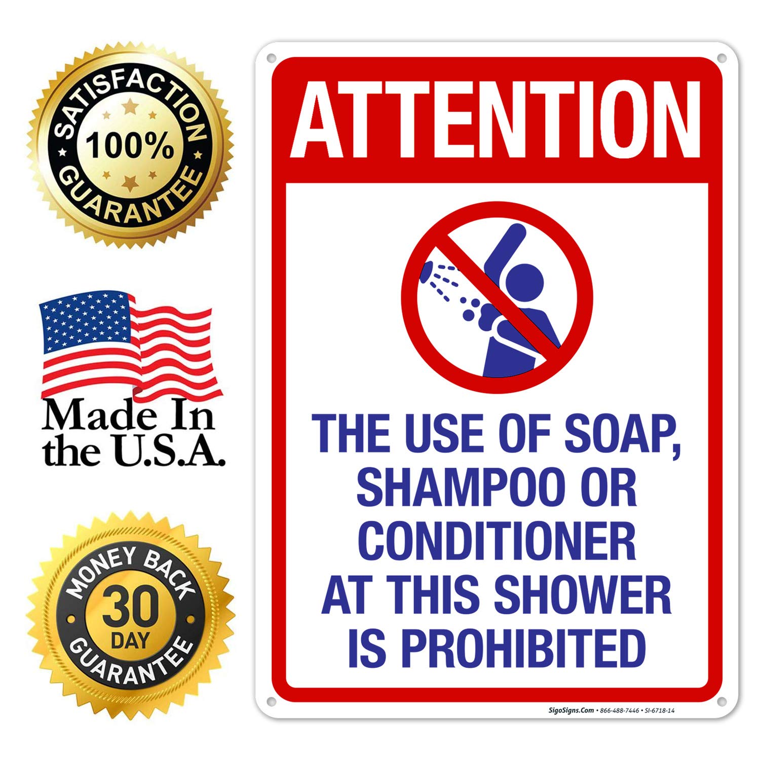 Waterproof Aluminum Shower Sign - 'Attention: No Soap, Shampoo or Conditioner' - 10x14 Inches Rust-Free Pool Sign for Indoor/Outdoor Use - Fade-Resistant Durable Sign Made in USA - Perfect for Swimming Pools, Gyms & Public Showers