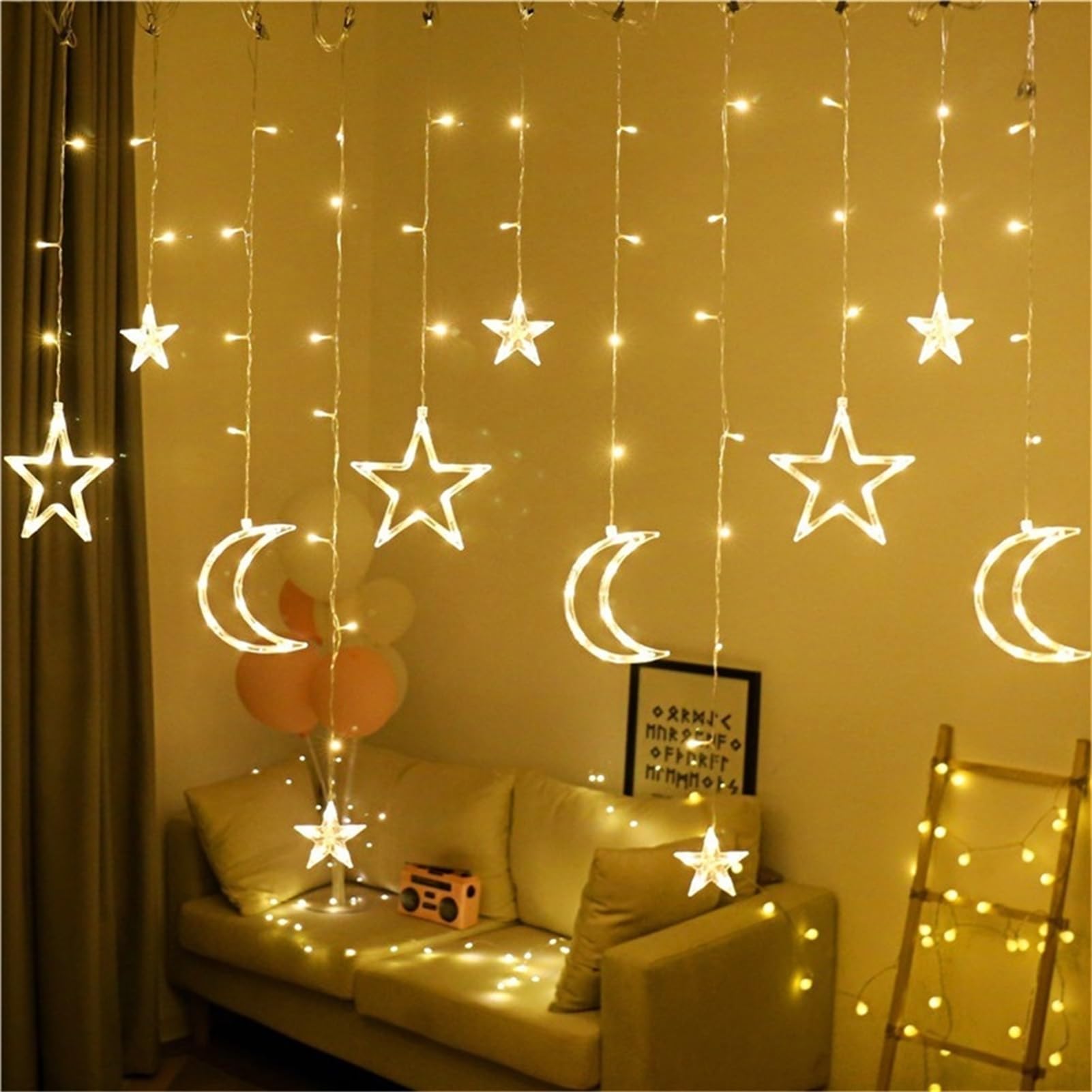 LED Fairy Lights & Moon Star String Lights - Waterproof 8 Modes Curtain Lights for Window, Fireplace, Garden, Patio - Perfect for Christmas Decorations, Eid Celebrations & Home Ambiance Lighting